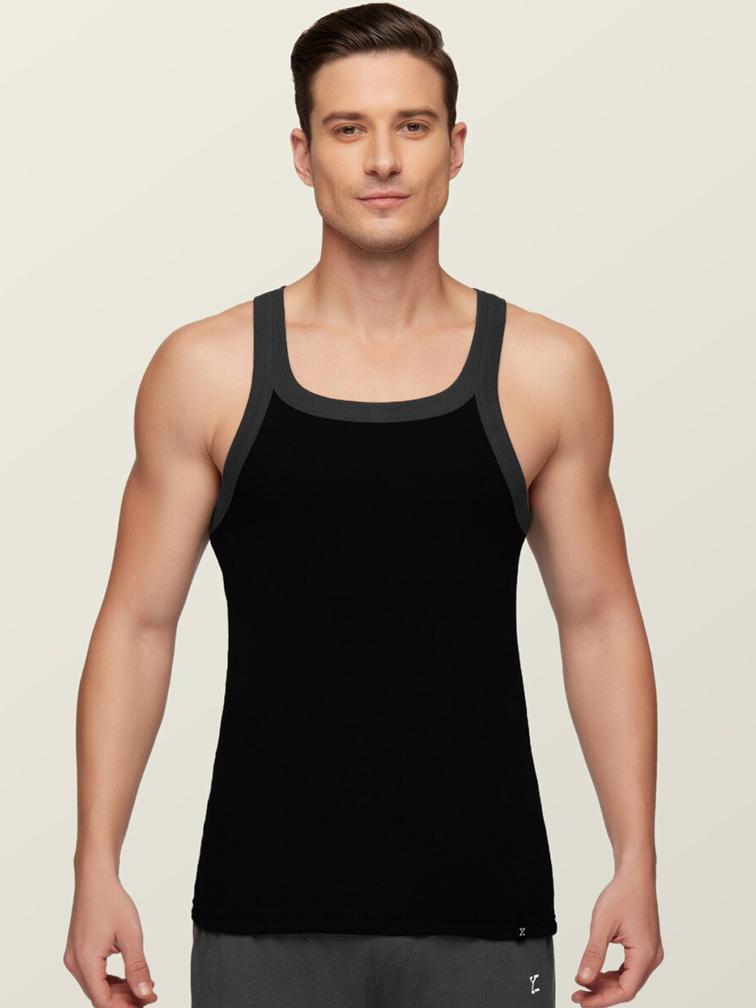 XYXX Men Black & Dark-Grey Anti-Bacterial Super Combed Cotton Square Neck Knitted Vest