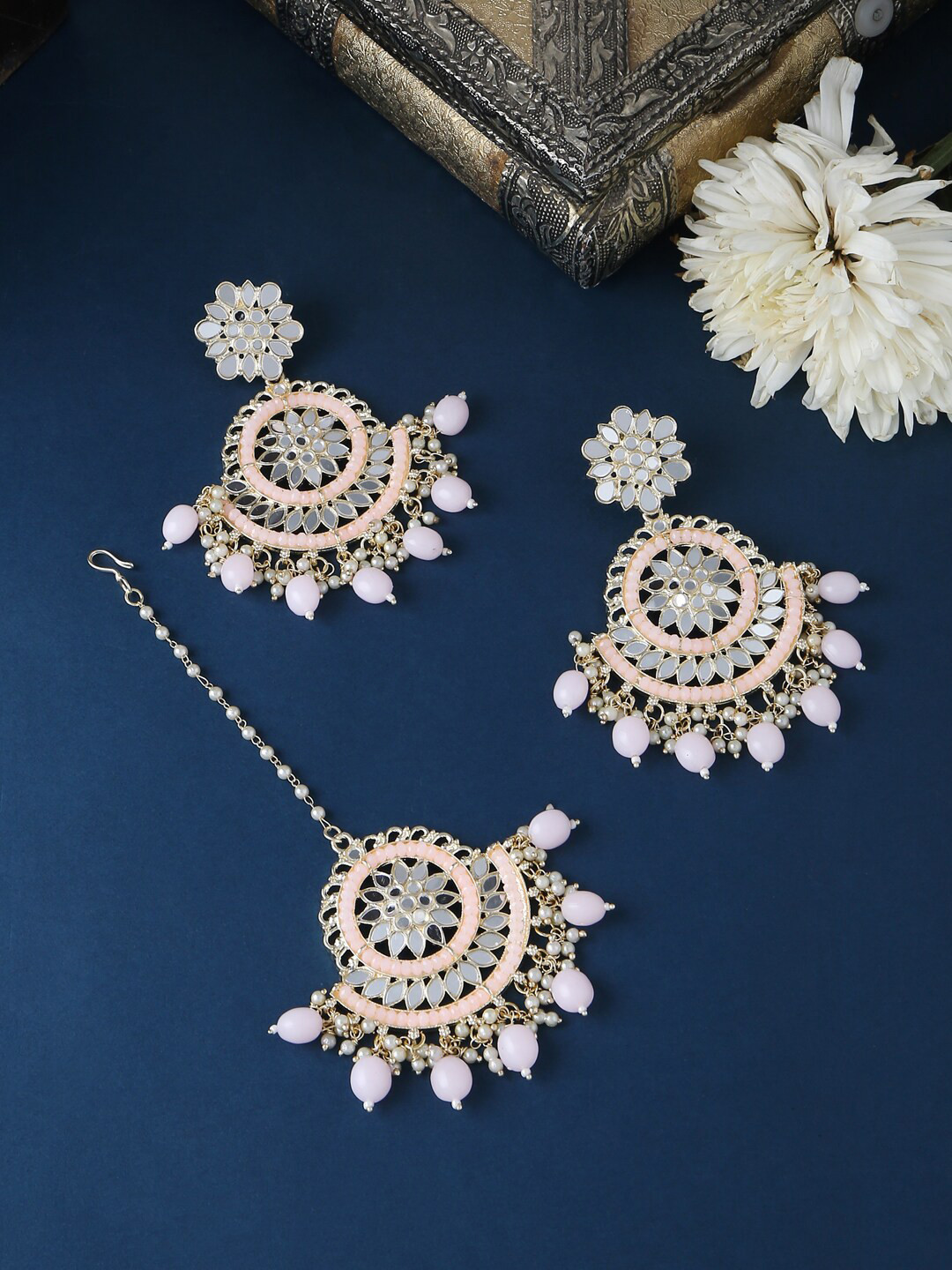 VIRAASI Gold-Plated White & Pink Stone Studded & Beaded Mirror Maang Tikka With Earrings