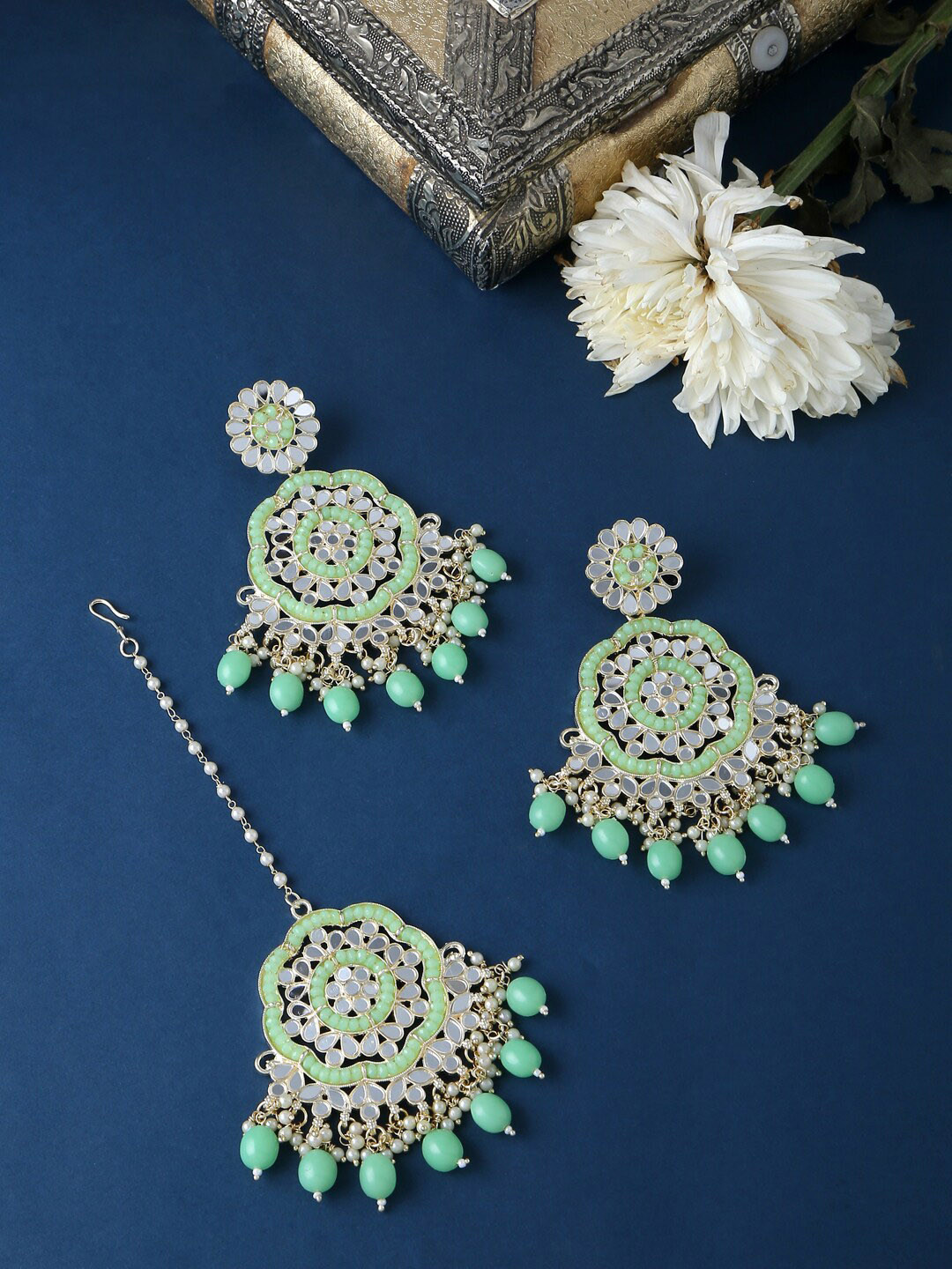 VIRAASI Gold-Plated Green Pearl & Mirror Work Maang Tikka With Earrings
