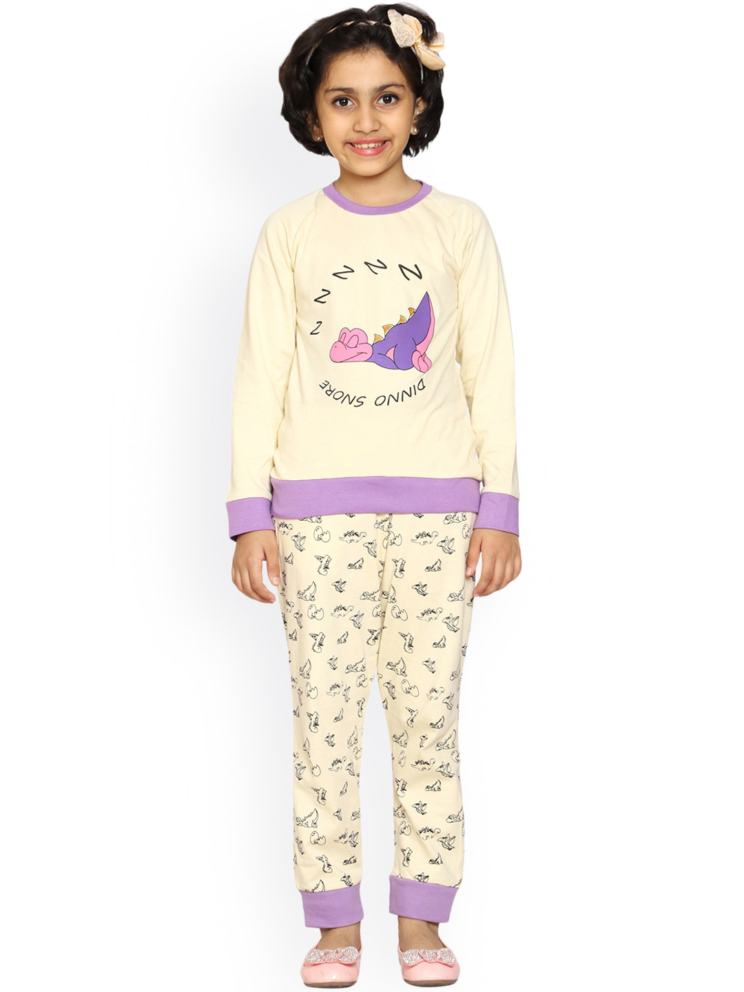 KiddoPanti Girls Beige & Purple Dinnosnore Printed Pure Cotton Night suit