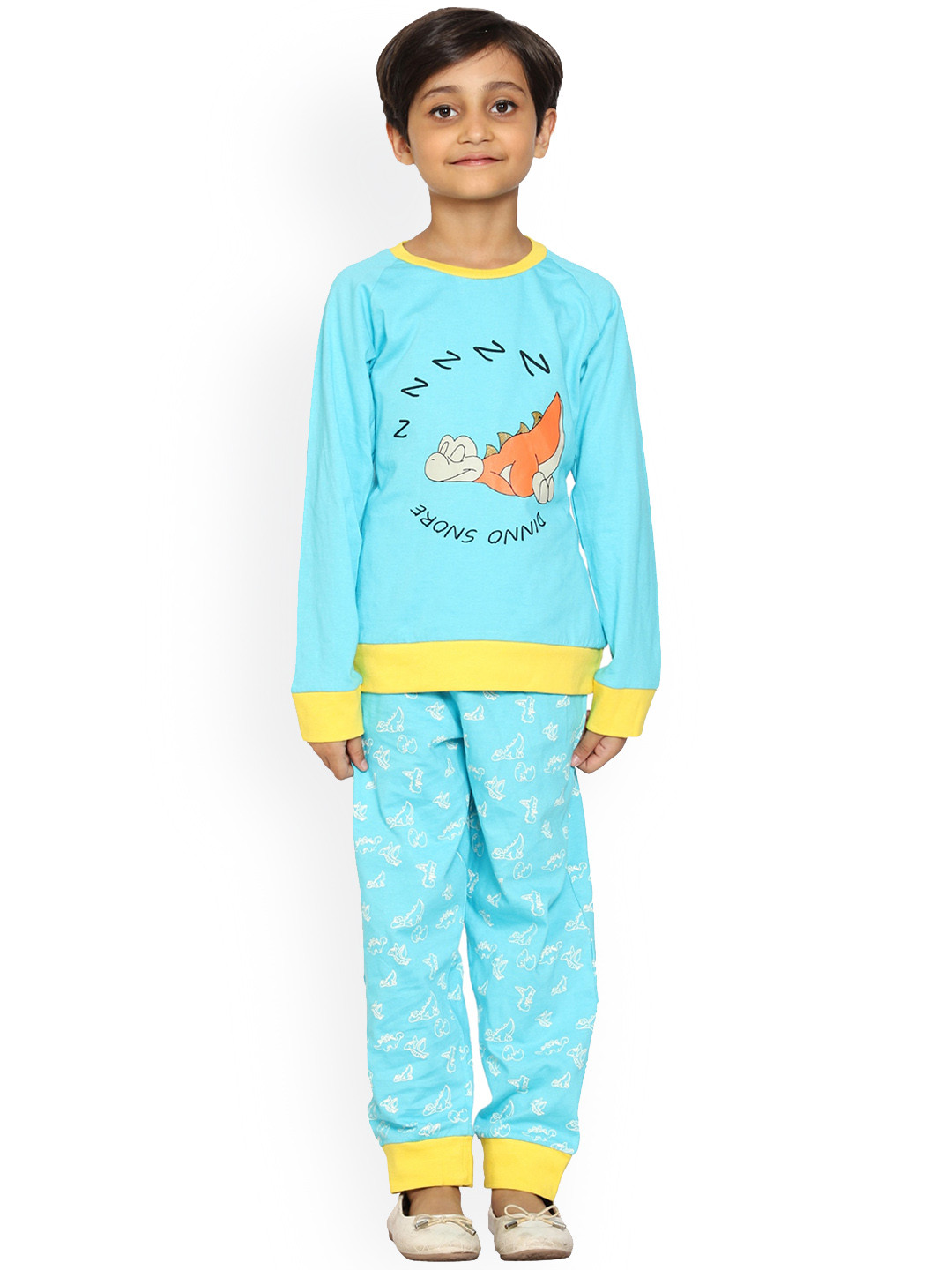 KiddoPanti Girls Blue & White Dinnosnore Printed Pure Cotton Night suit