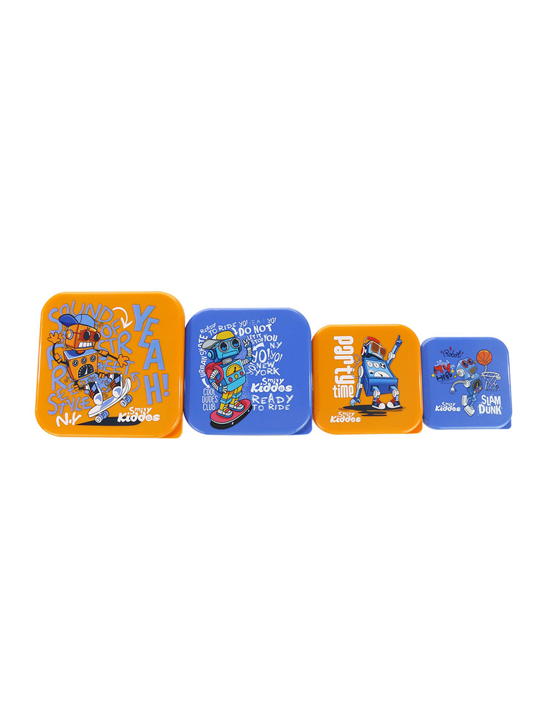 Smily Kiddos 4 in 1 Robot Theme Plastic Dishwasher Safe 4PCs Lunch Box With Spoon and Fork