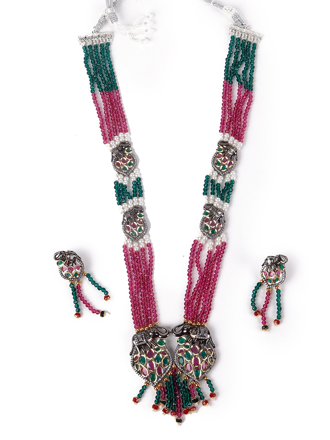ODETTE Green & Pink Beaded Multi-stranded Jewellery Set