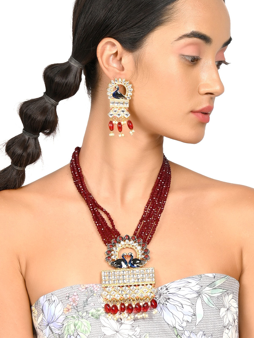 ODETTE Women Gold-Plated Maroon Stone Studded & Blue Peacock Motif Beaded Jewellery Set