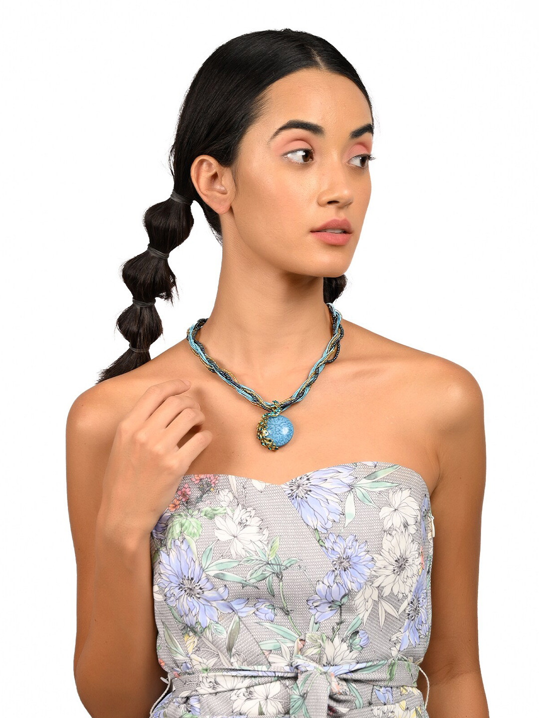 ODETTE Blue Beaded Metal Statement Necklace