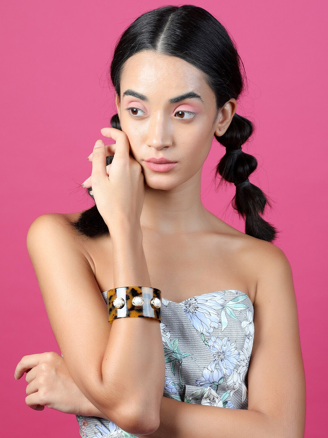 ODETTE Women Yellow & Black Animal Printed Cuff Bracelet