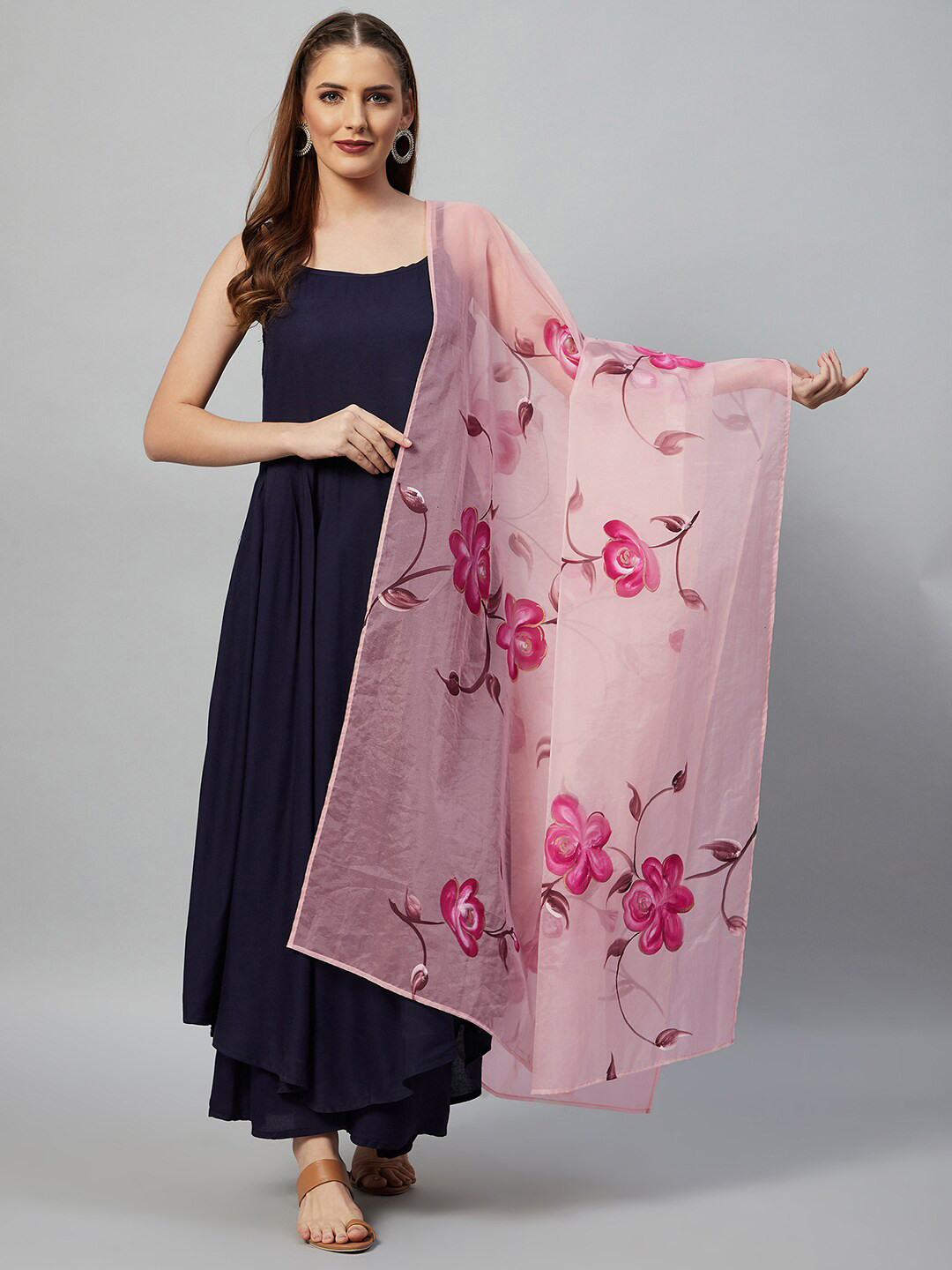 InWeave Pink & Purple Printed Organza Dupatta