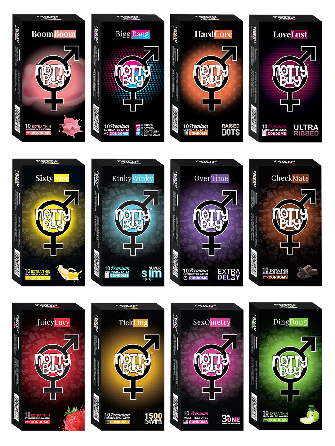 noTTy Boy Set of 12 Honeymoon Mixed Variety  Flavoured Pack Condoms - 10 Units Each