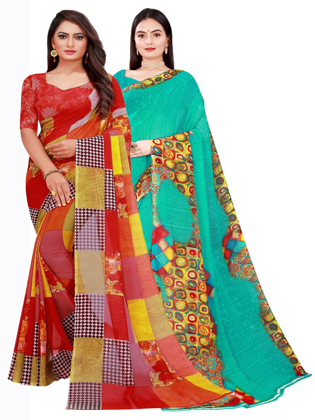 Florence Red & Teal Printed Pure Georgette Saree Pack Of 2