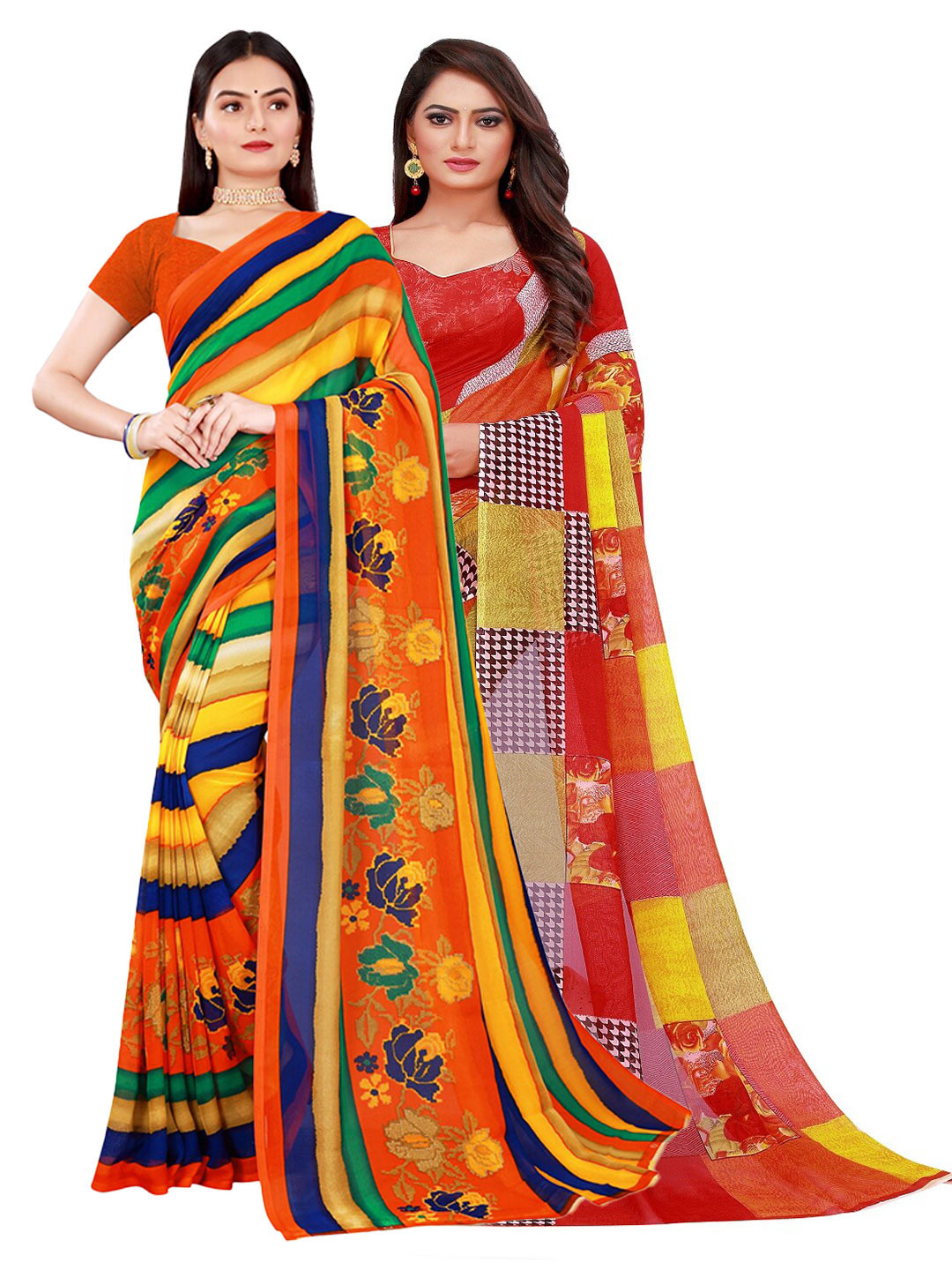 Florence Red & Orange Striped Printed Pure Georgette Saree Pack Of 2