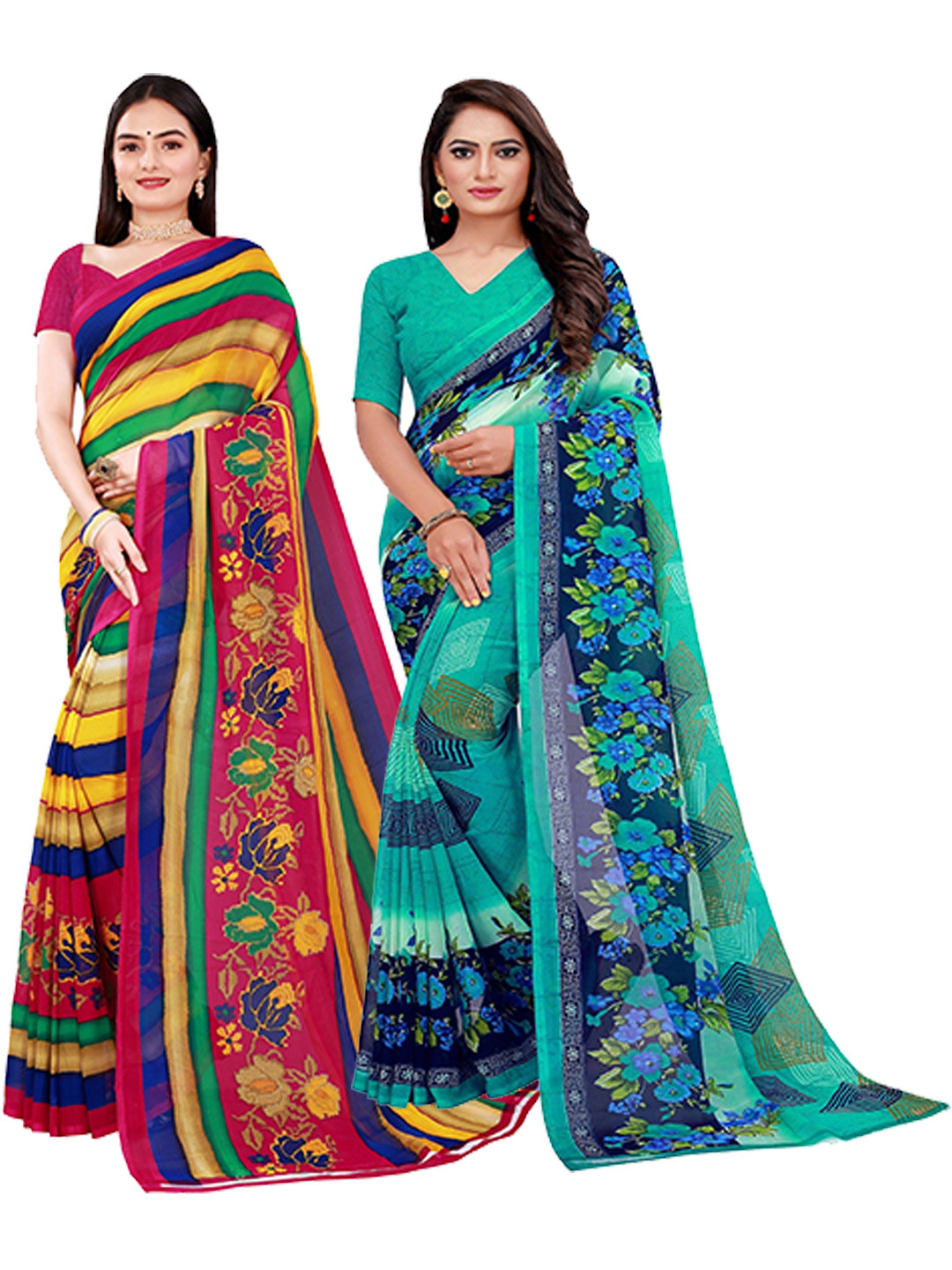 Florence Green & Pink Set of 2 Floral Printed Georgette Saree