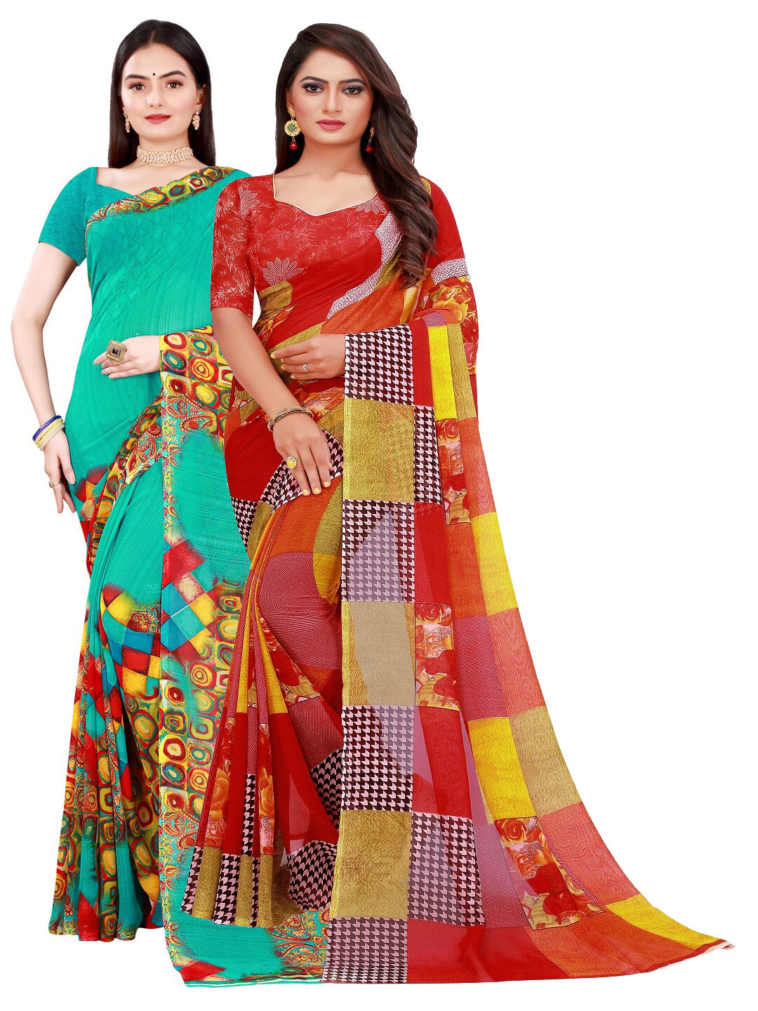 Florence Red & Sea Green Printed Pure Georgette Saree Pack Of 2