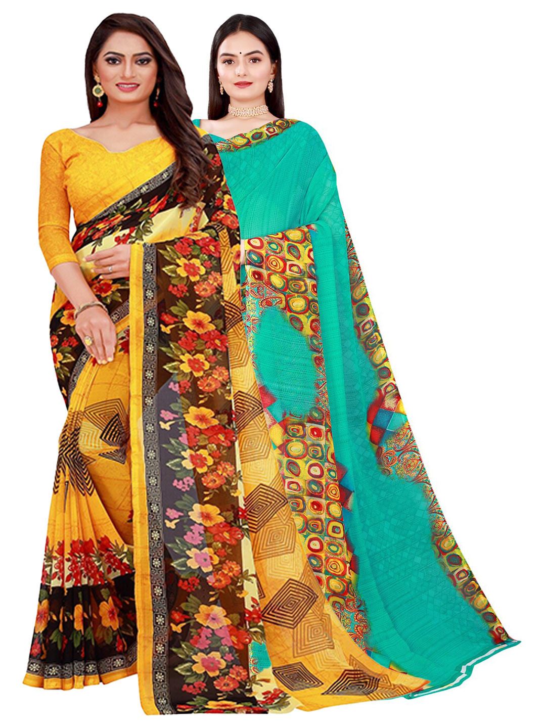 Florence Yellow & Teal Set of 2 Floral Printed Georgette Saree