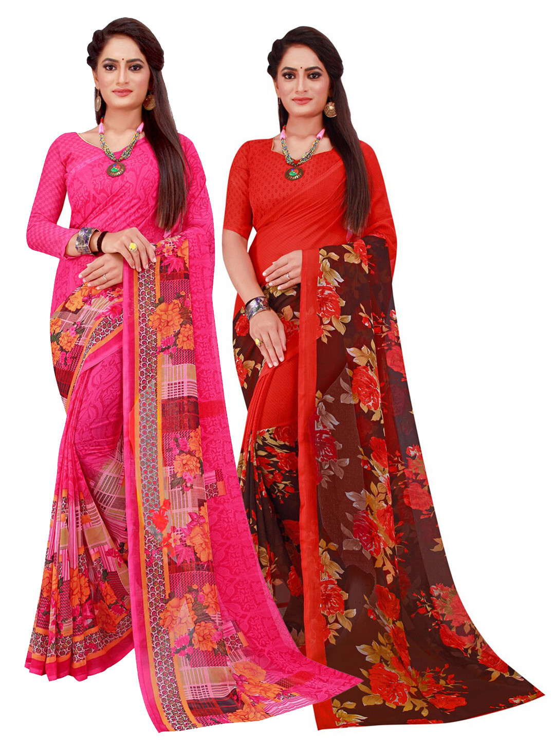 KALINI Red & Magenta Set Of 2 Floral Pure Georgette Saree