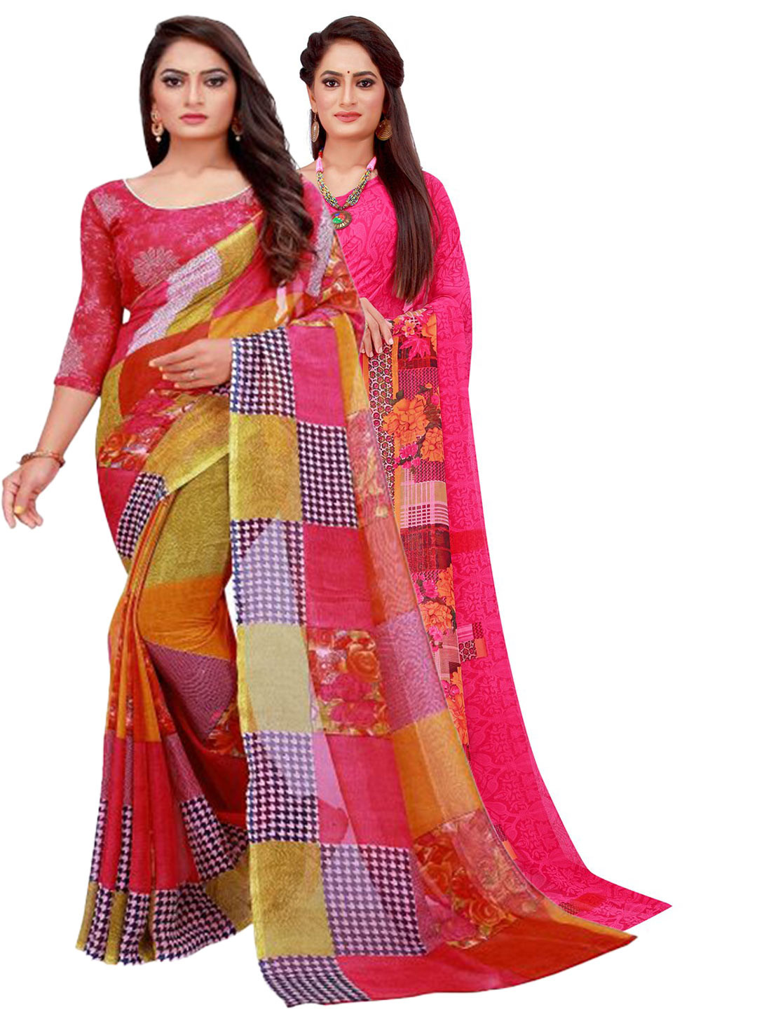 KALINI Red & Magenta Set Of 2 Floral Pure Georgette Saree