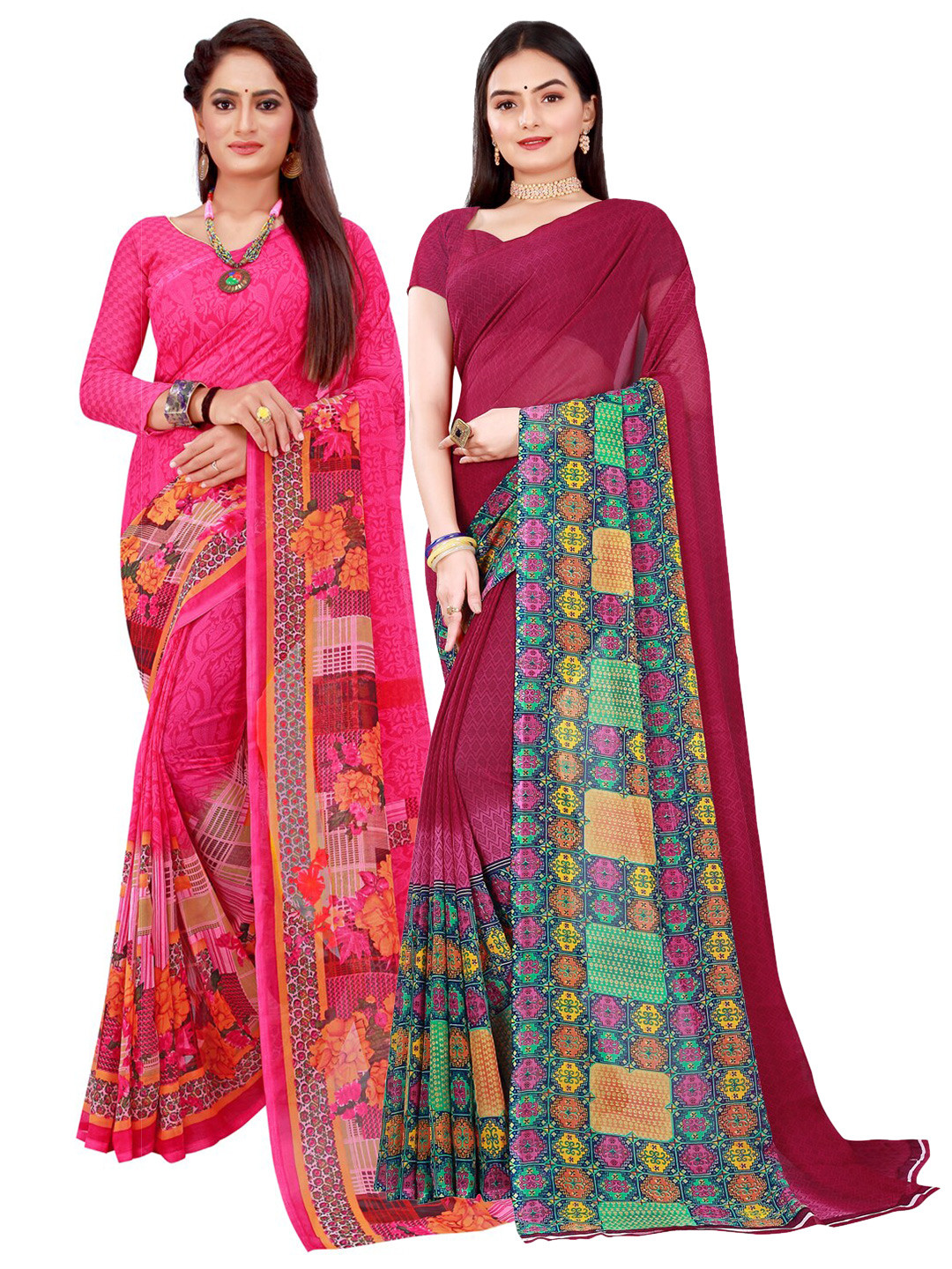 KALINI Magenta & Burgundy Set Of 2 Floral Pure Georgette Saree