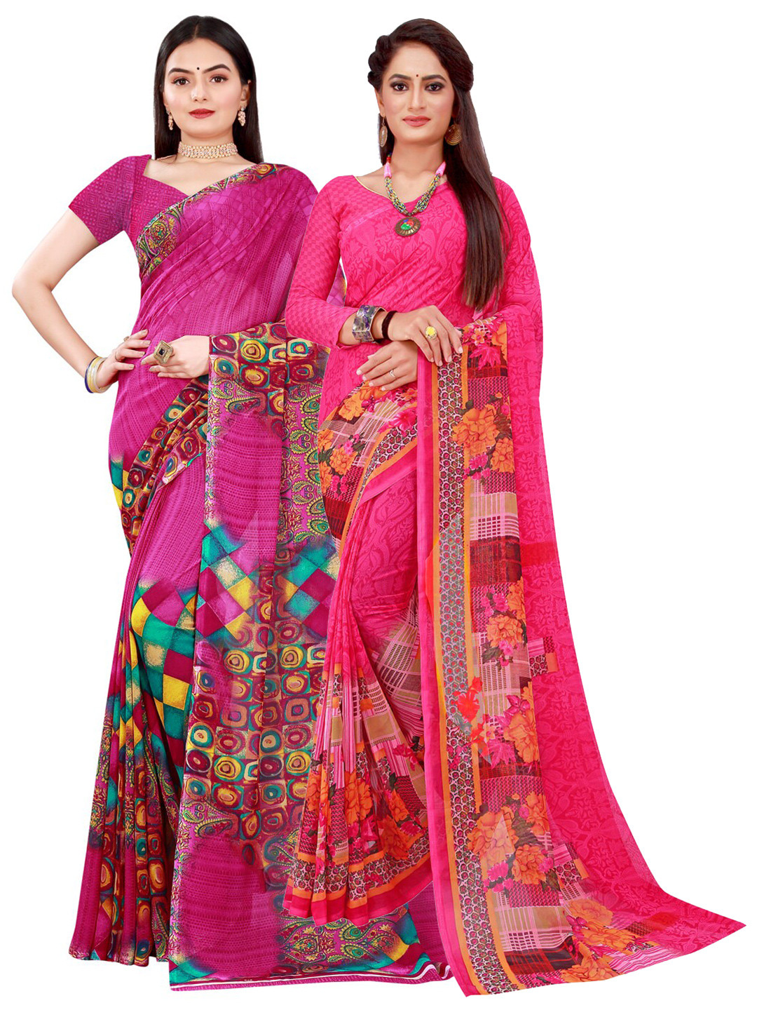 KALINI Magenta & Pink Set of 2 Floral Printed Georgette Saree