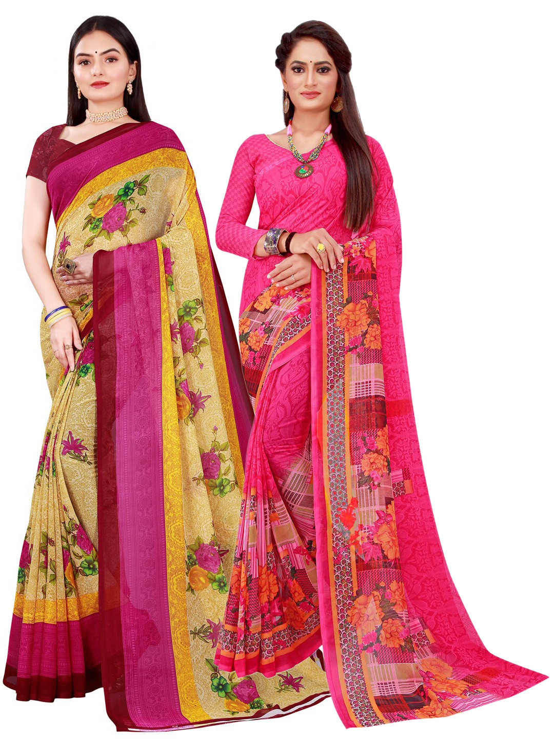 KALINI Beige & Magenta Printed Pure Georgette Saree