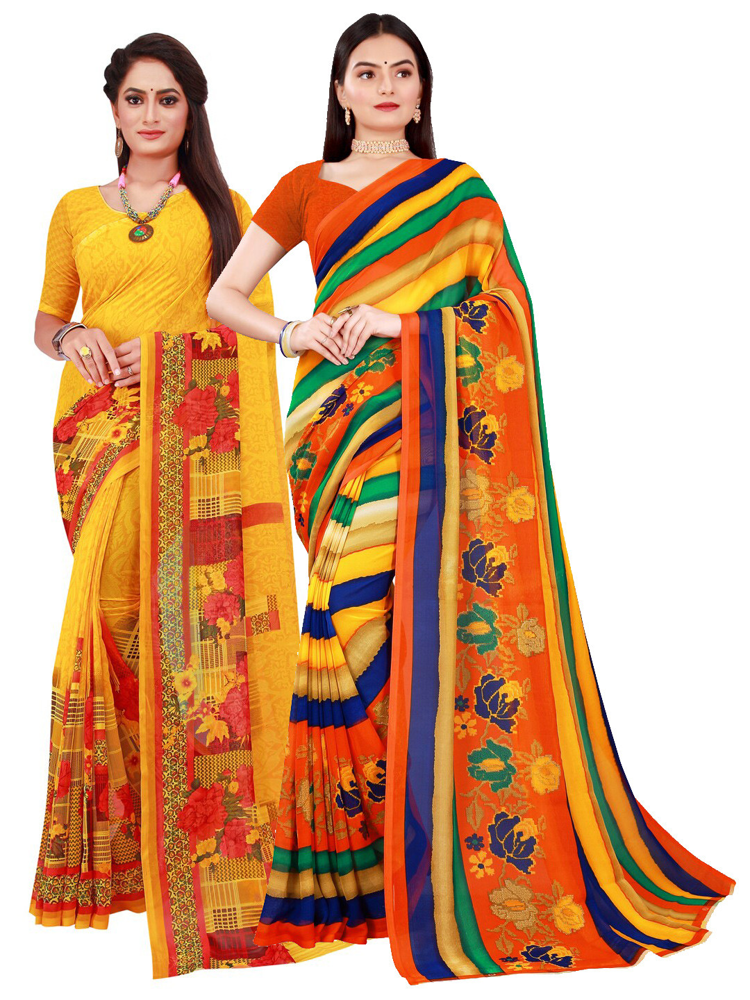 Florence Navy Blue & Yellow Striped Printed Pure Georgette Saree Pack Of 2