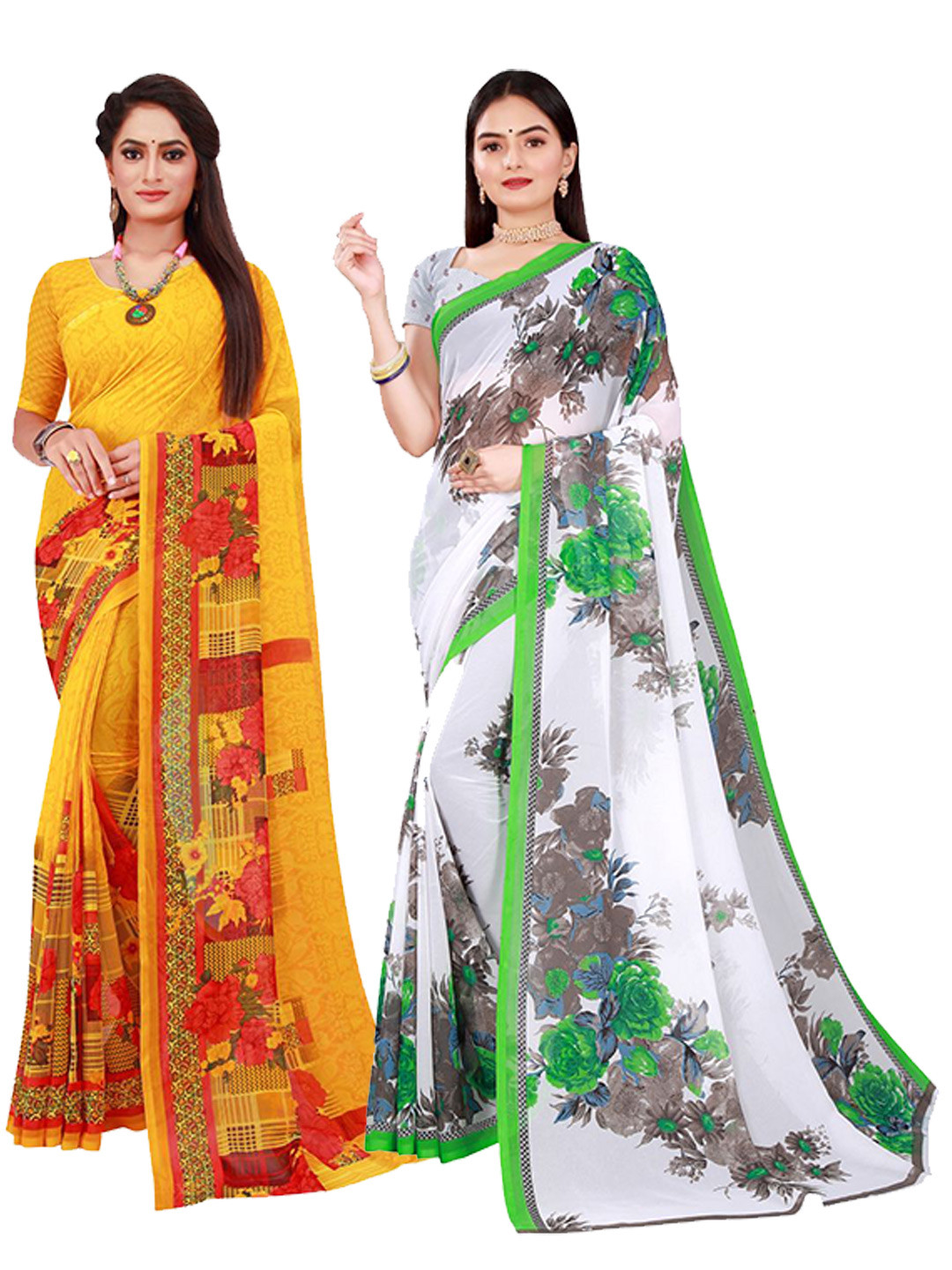 Florence Yellow & White Printed Pure Georgette Saree