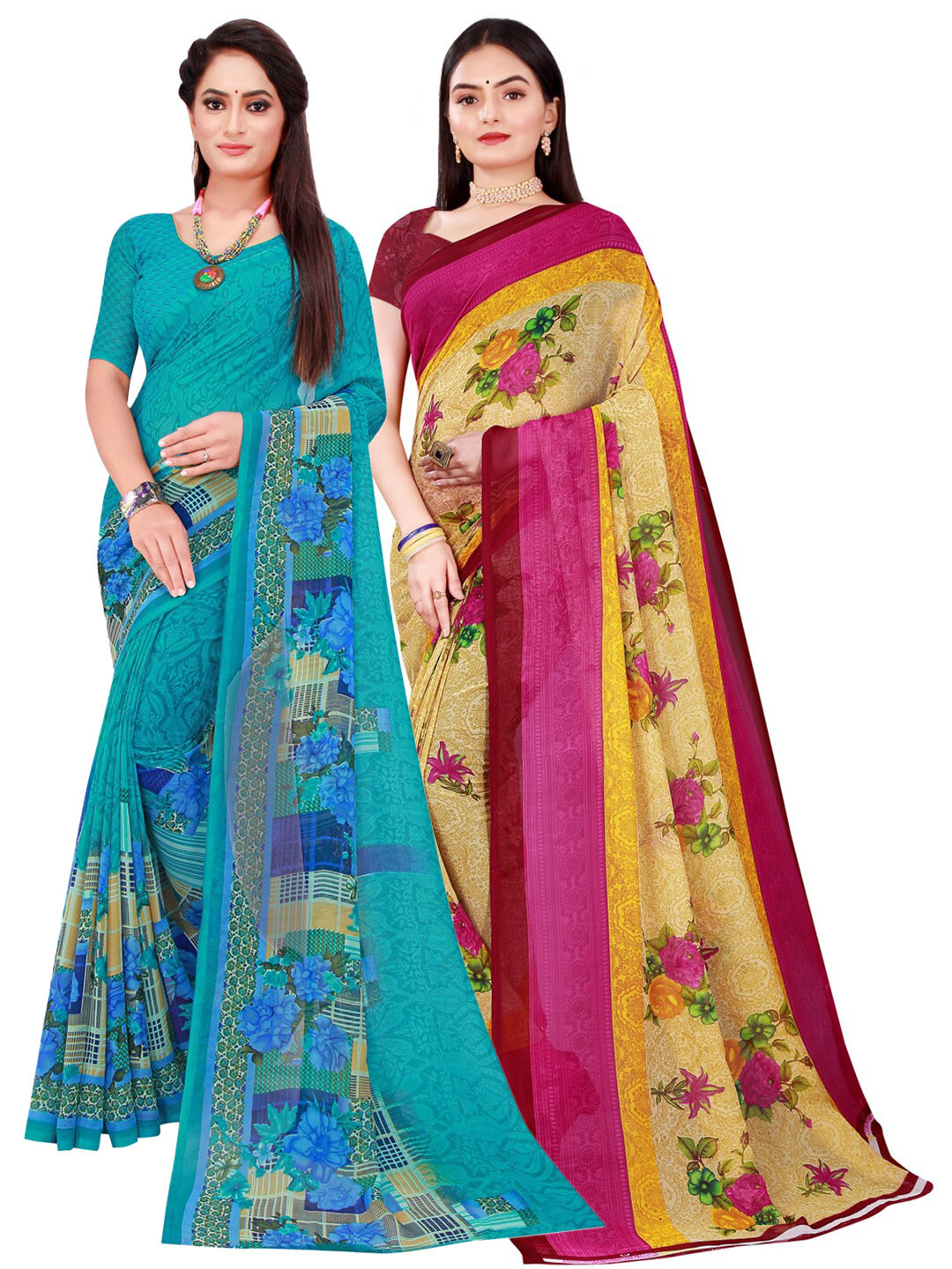 Florence Pack Of 2Beige & Turquoise Blue Pure Georgette Saree