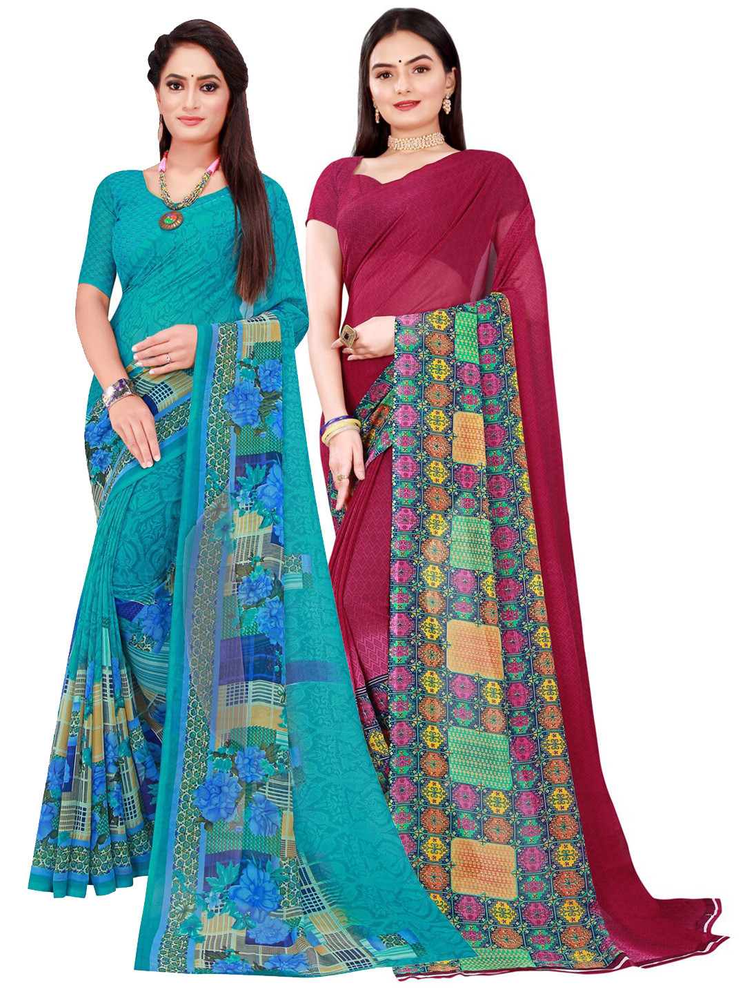 Florence Pack Of 2 Turquoise Blue & Pink Pure Georgette Saree