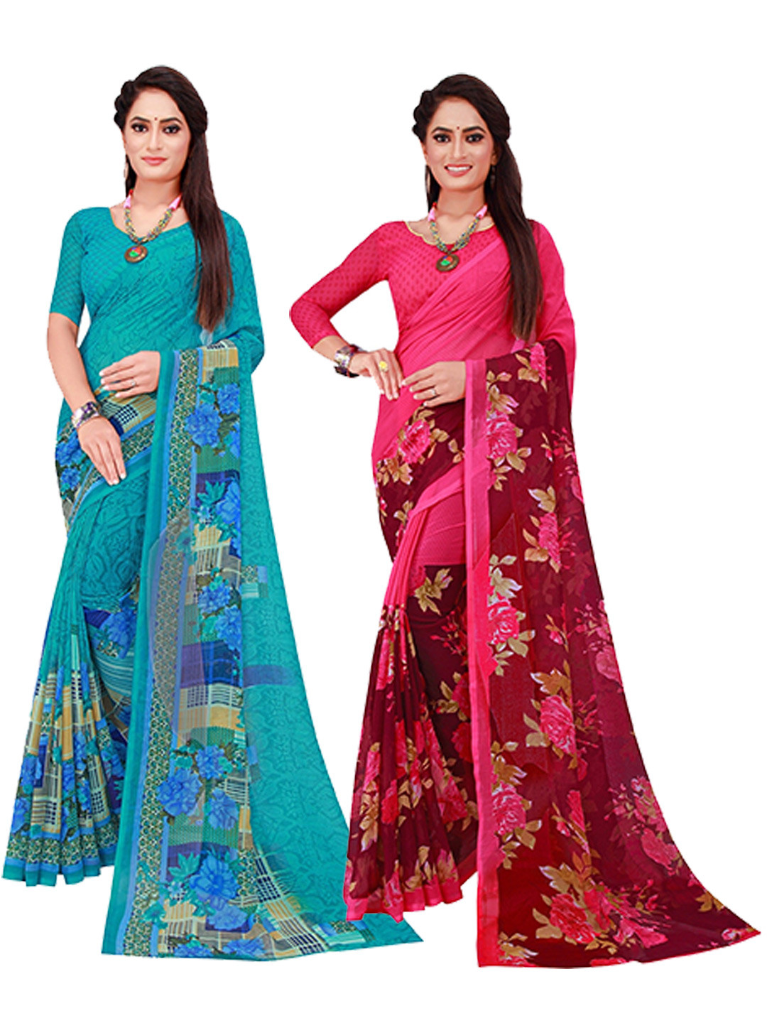 Florence Turquoise Blue & Magenta Set of 2 Floral Printed Georgette Saree