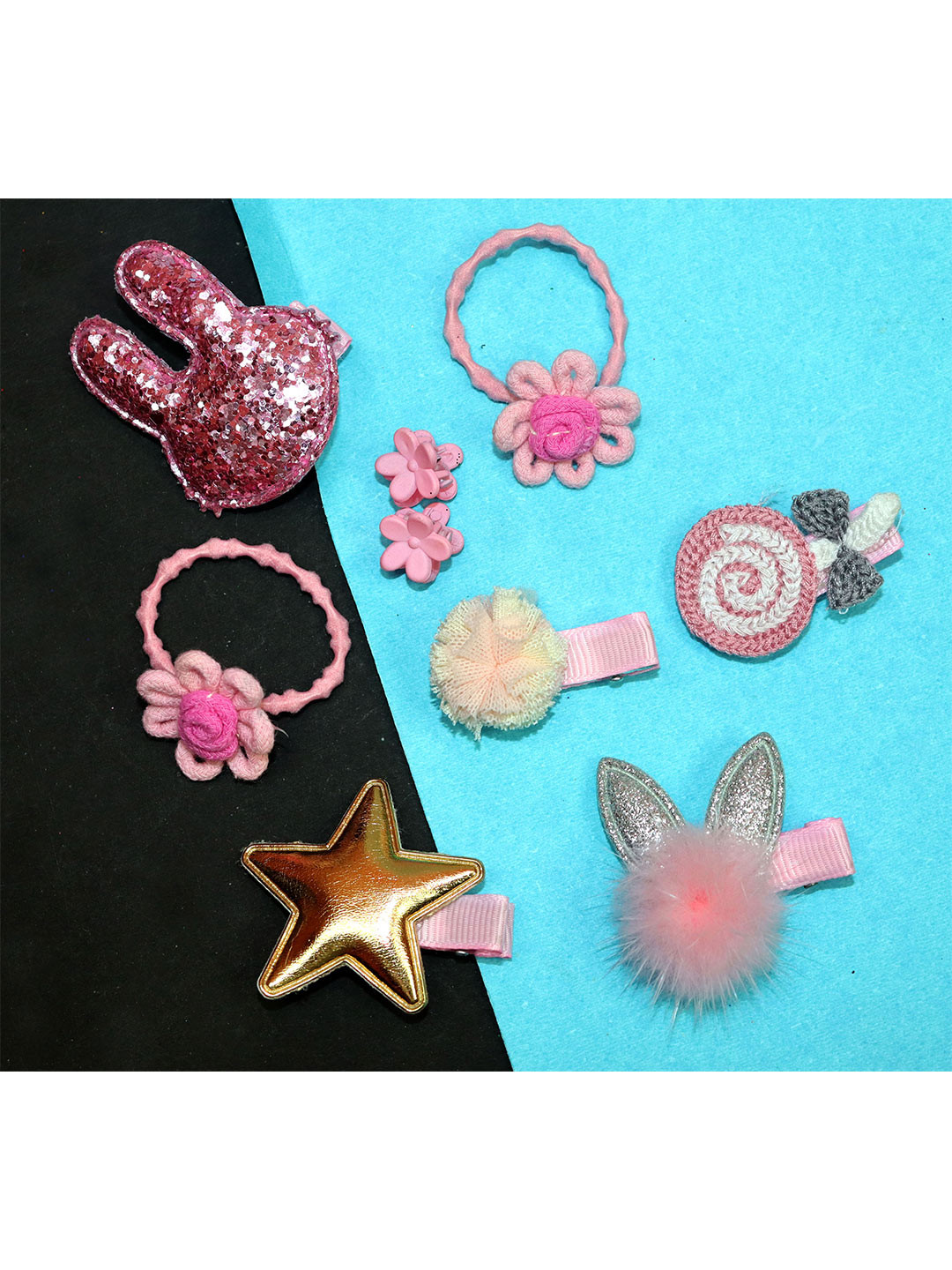 VAGHBHATT Girls 9Pcs Pink & Gold-Toned Hair Accessory Set