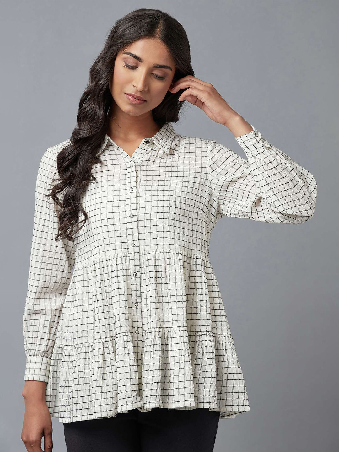 W Women White Grid Tattersall Checks Checked Casual Shirt