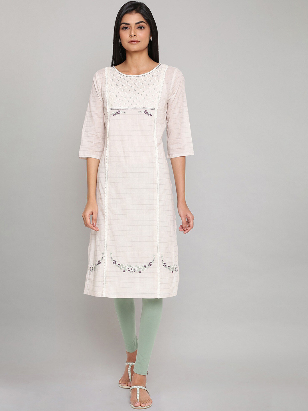 W Women White Floral Embroidered Layered Thread Work Pure Cotton Kurta