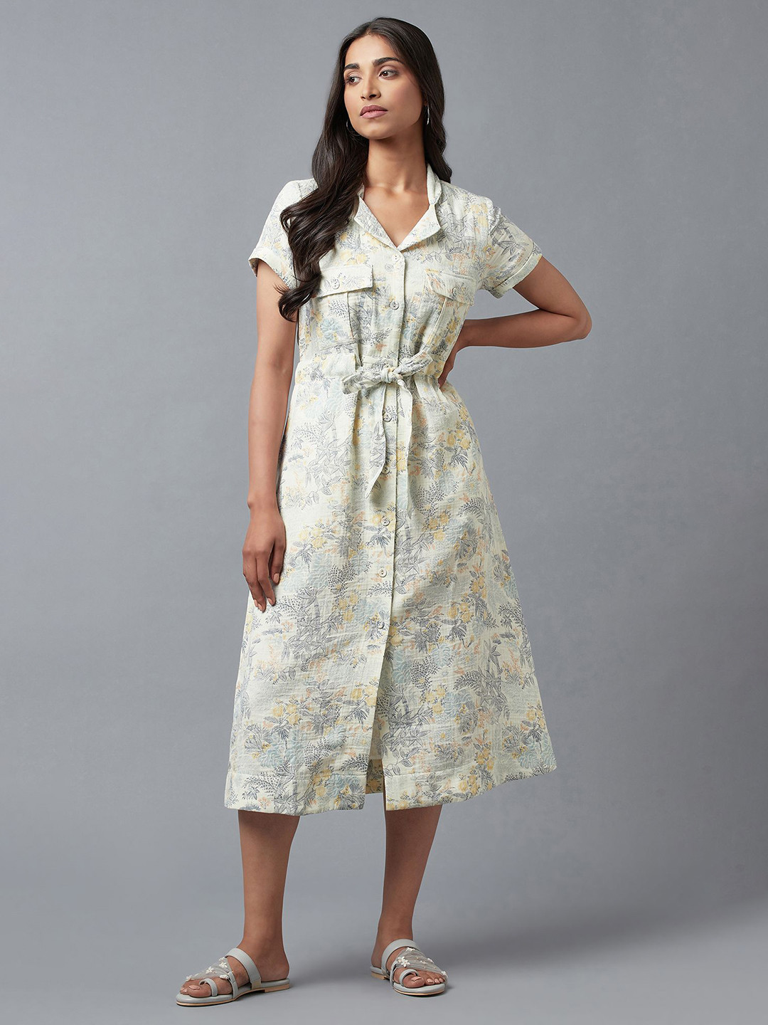 W Blue Floral Shirt Pure Cotton Midi Dress