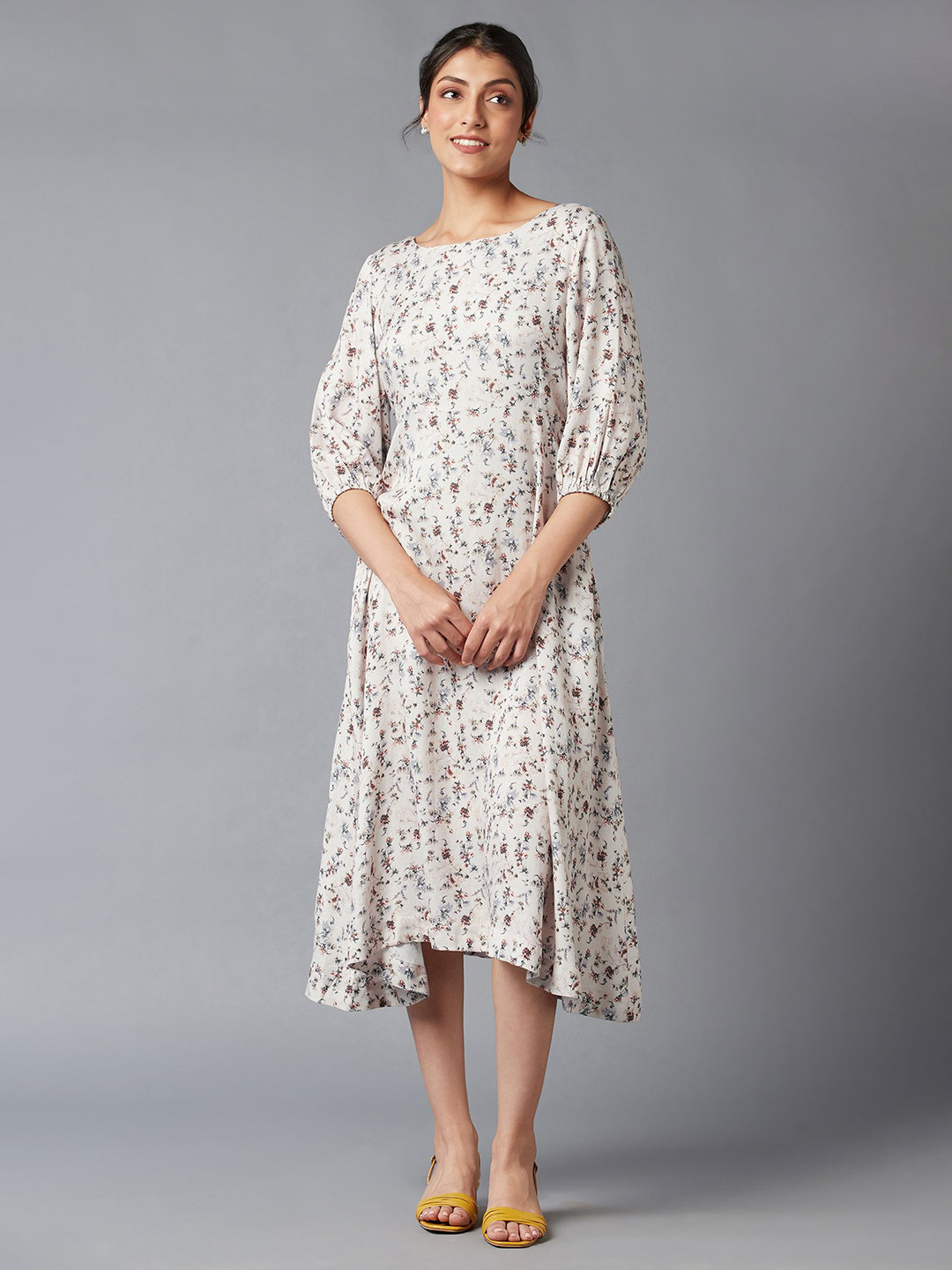 W Pink Floral A-Line Midi Dress