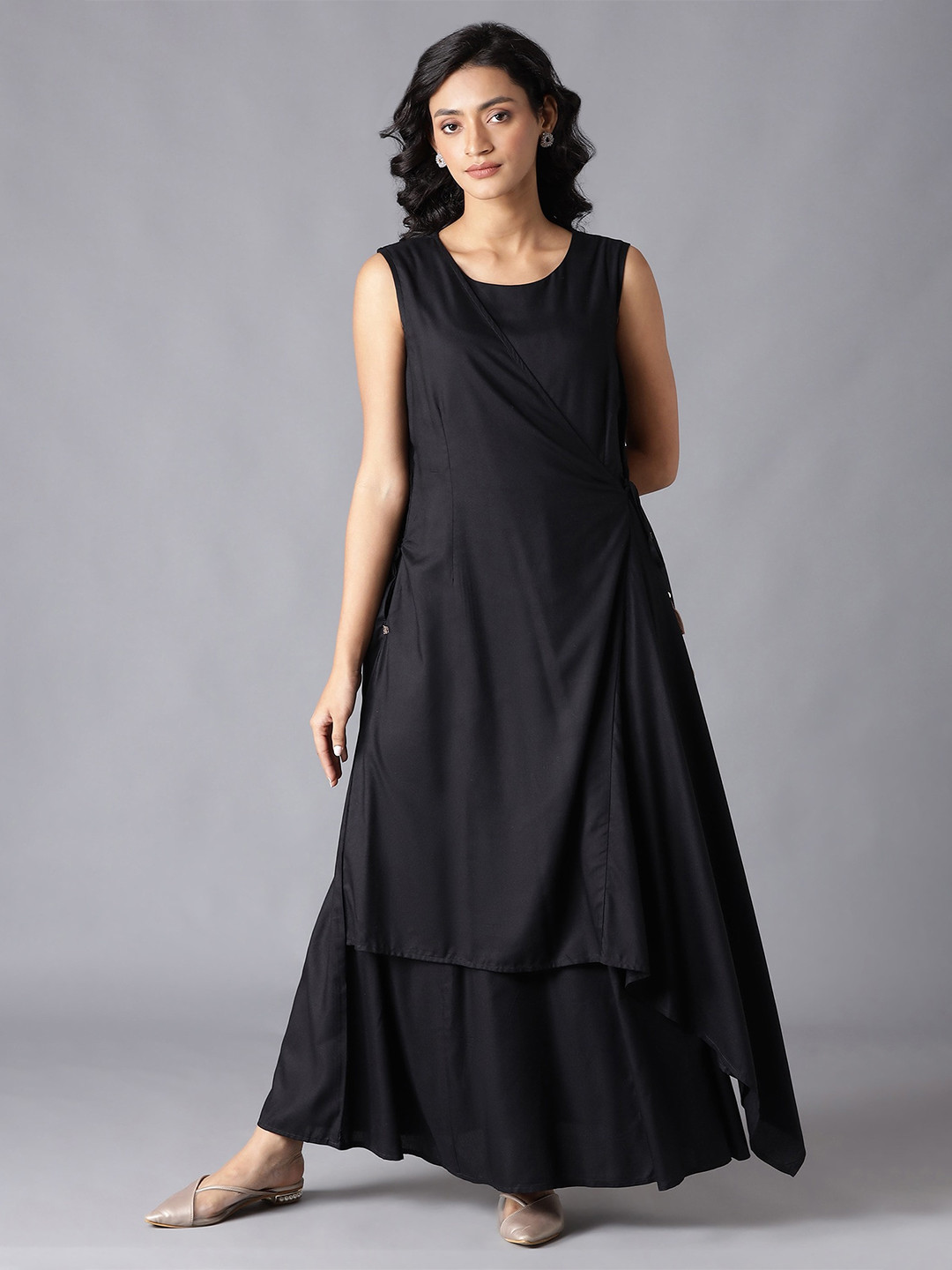 W Black Solid Rayon Maxi Dress