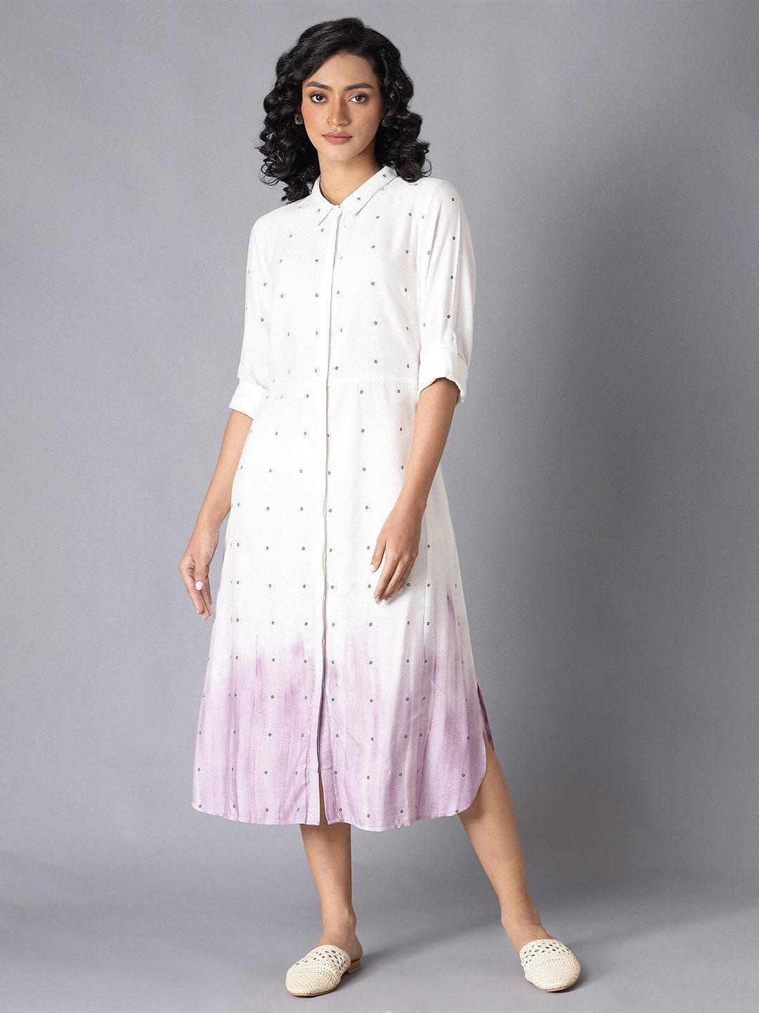 W White & Purple Shirt Midi Dress