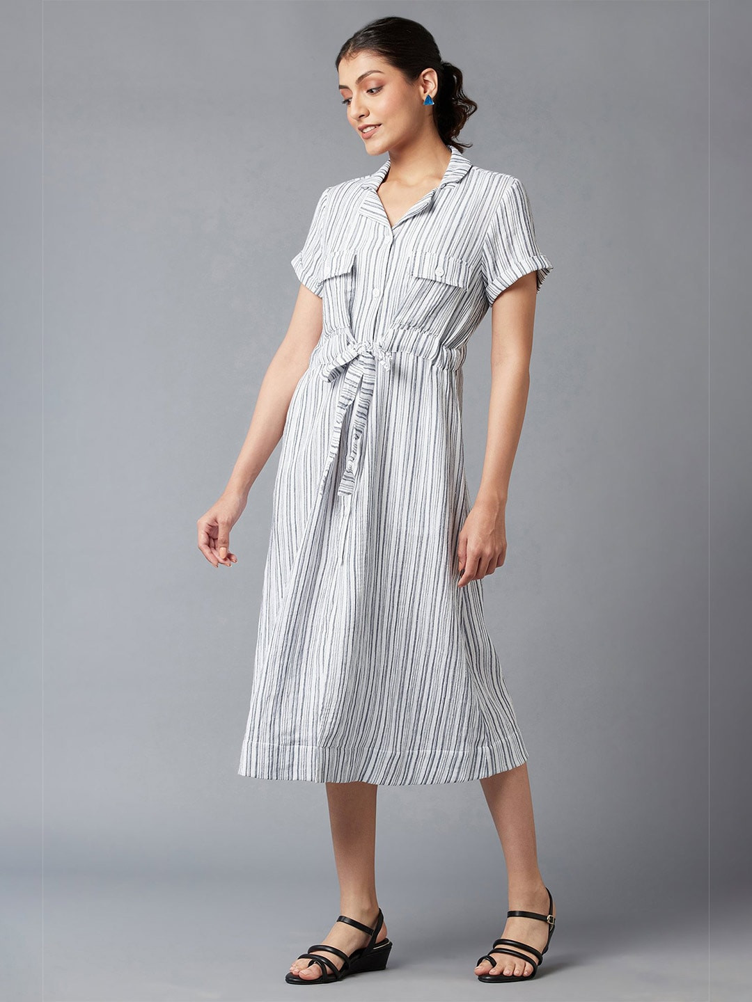 W Blue Striped Shirt Midi Dress