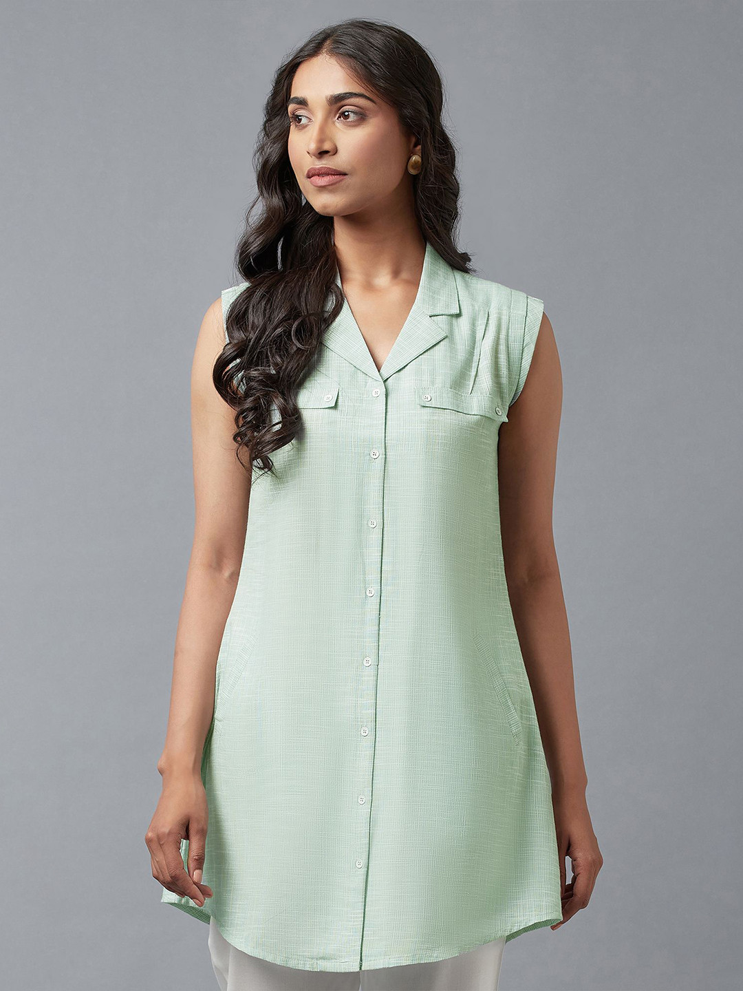 W Women Pastel Green Solid Shirt Collar Cotton Tunic