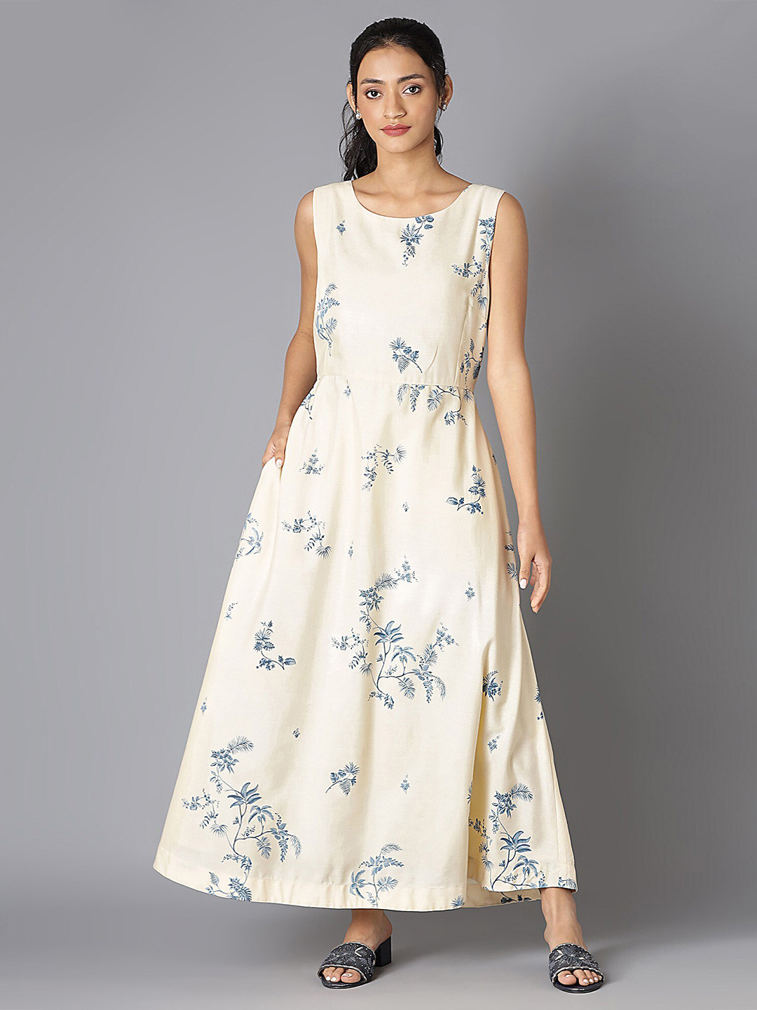 W Women White & Blue Floral Maxi Dress