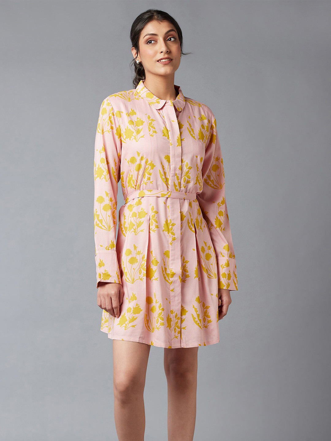 W Pink & Yellow Floral Shirt Dress