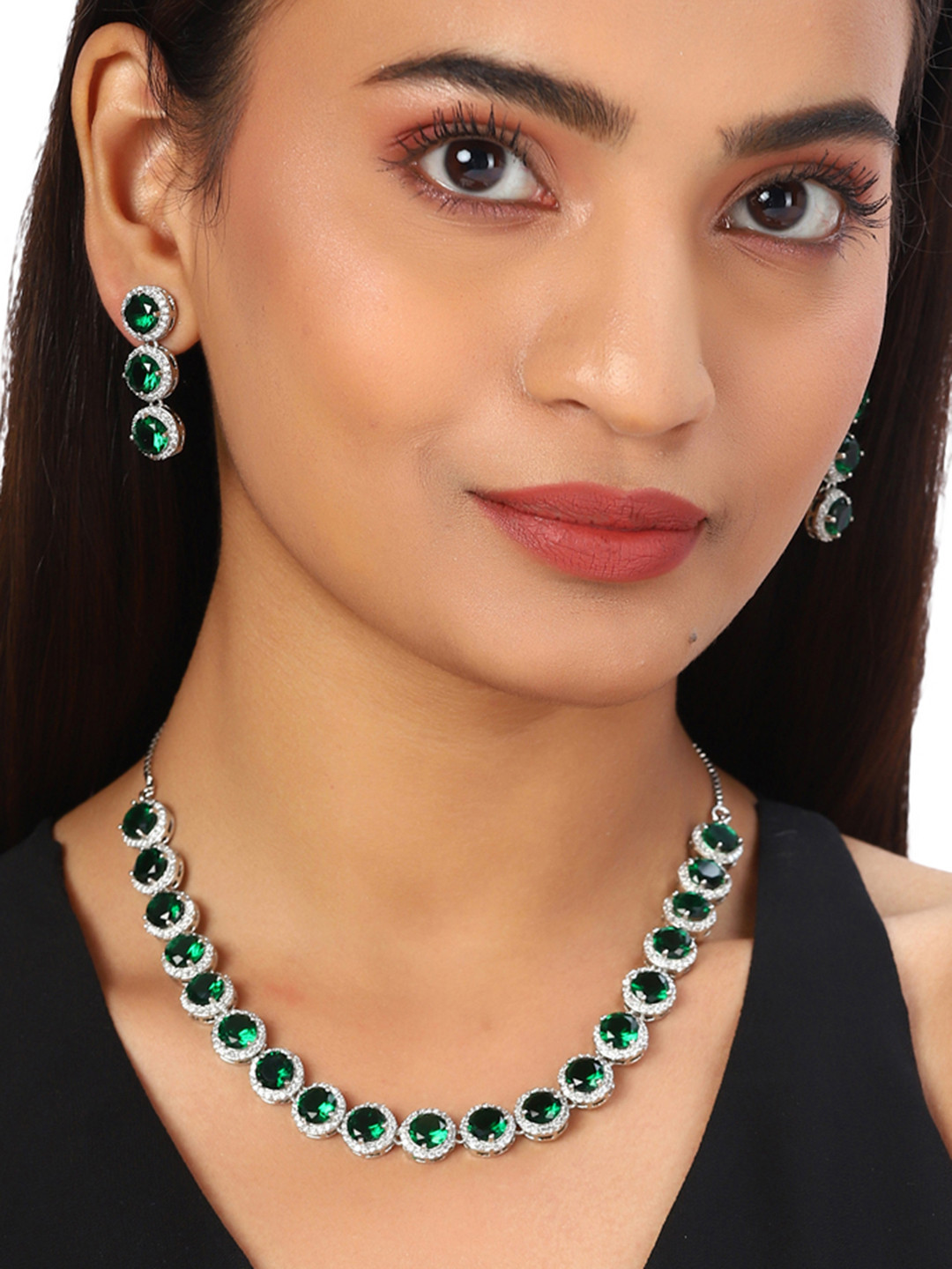 Voylla Rose Gold & Green American Diamond CZ Silver Plated Necklace Set