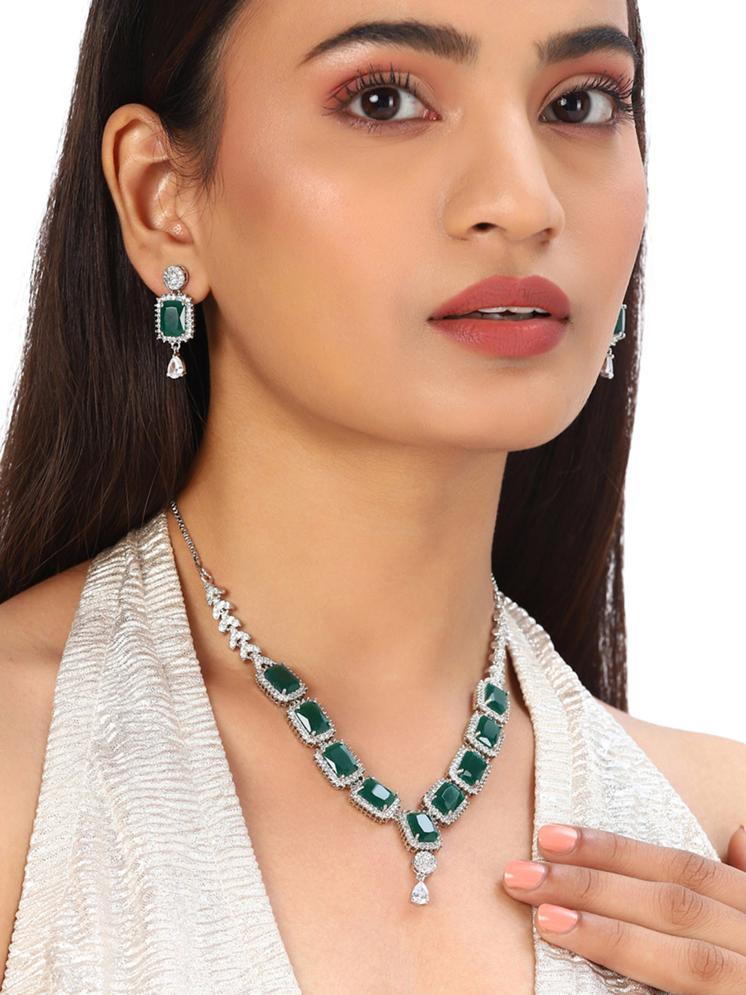 Voylla White American Diamond CZ Silver-Plated Necklace Set with Green Stone