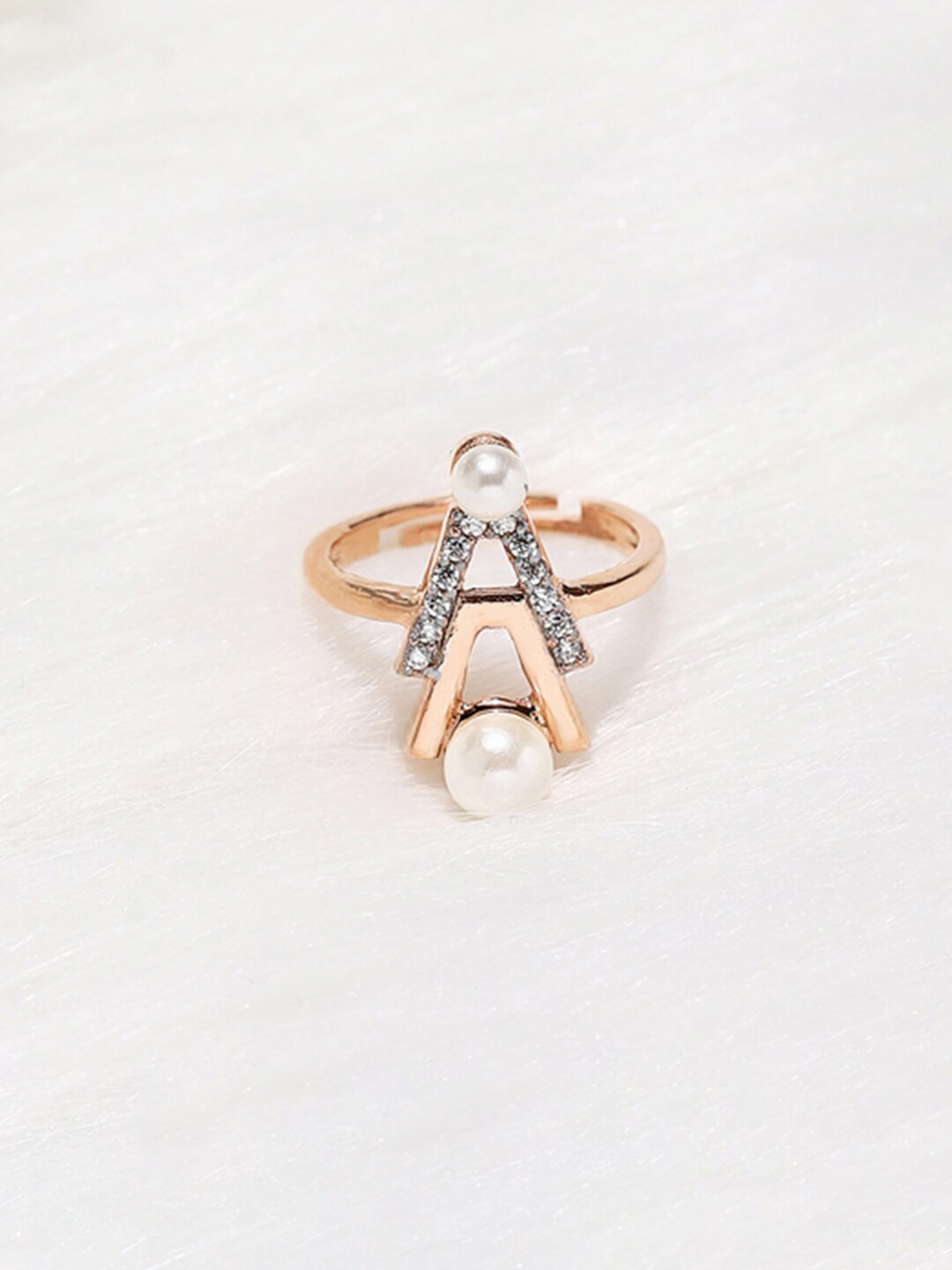 Voylla Women Rose Gold Plated CZ brass V-Shaped Pearl Studded Rring