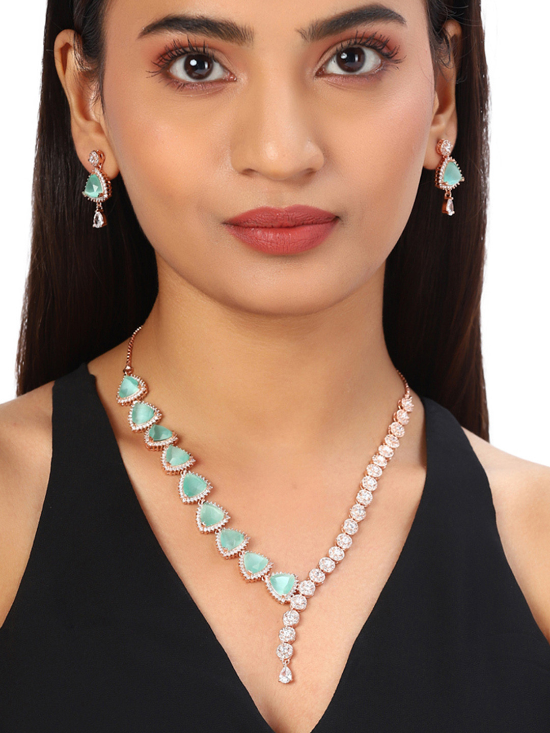 Voylla Rose Gold-Plated & Green American Diamond CZ Brass Necklace Set