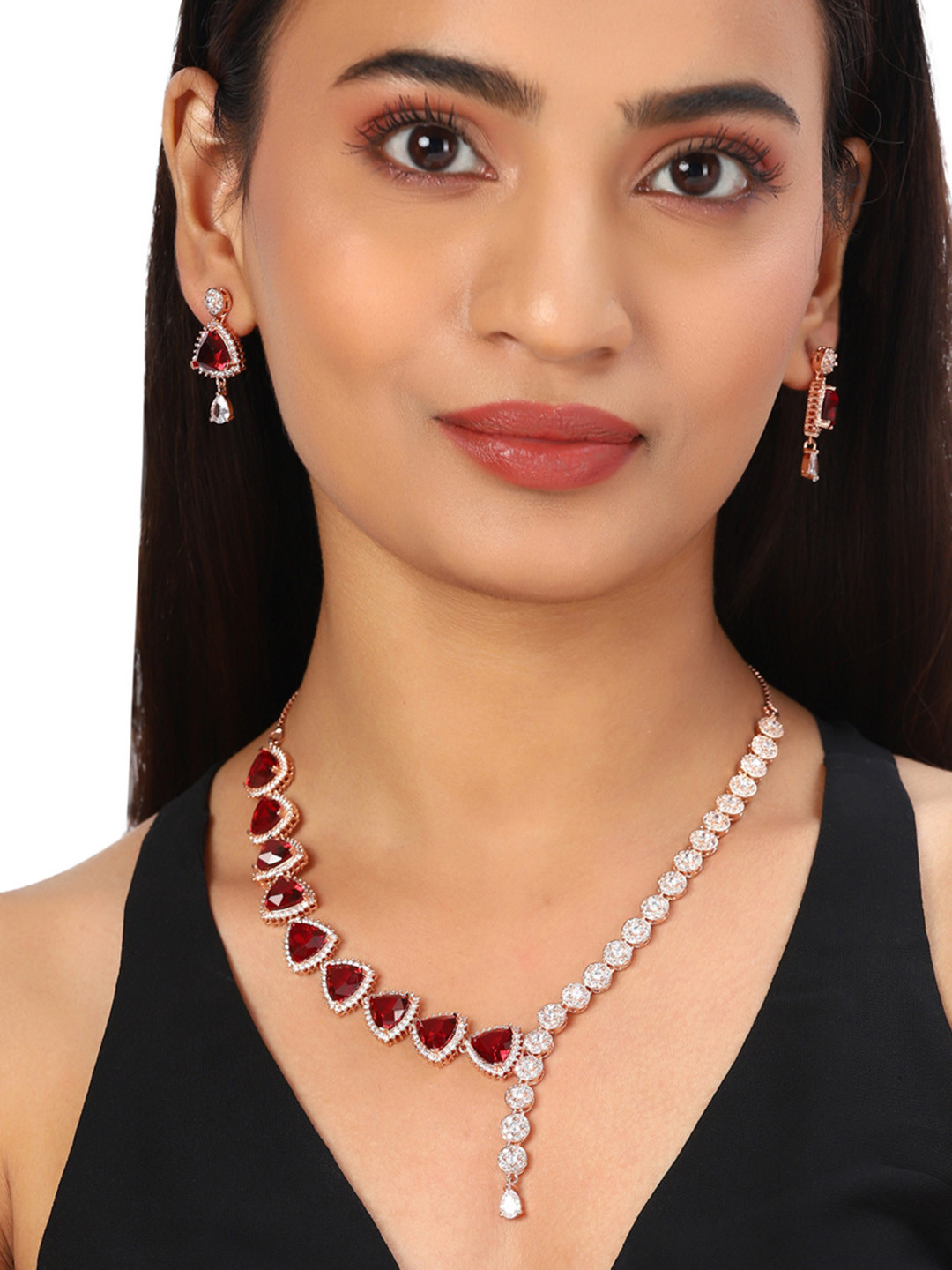 Voylla Rose Gold-Plated Red & White American Diamond CZ Jewellery Set