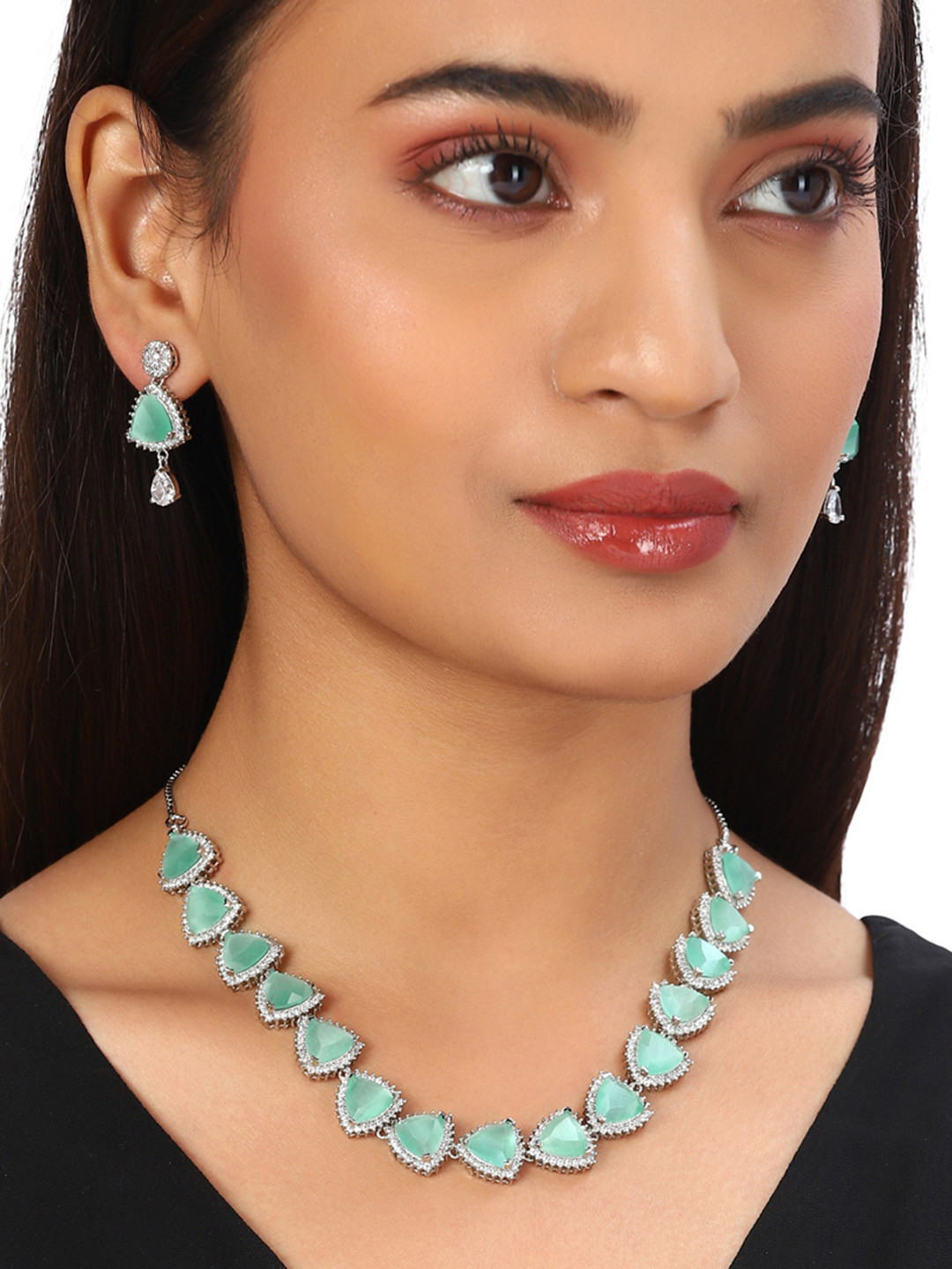 Voylla White & Green Rose Gold-Plated American Diamond CZ Seafoam Necklace Set