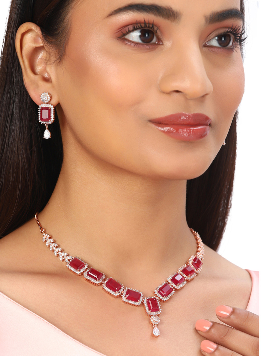 Voylla Rose Gold & Pink Rose Gold-Plated American Diamond CZ Necklace Set