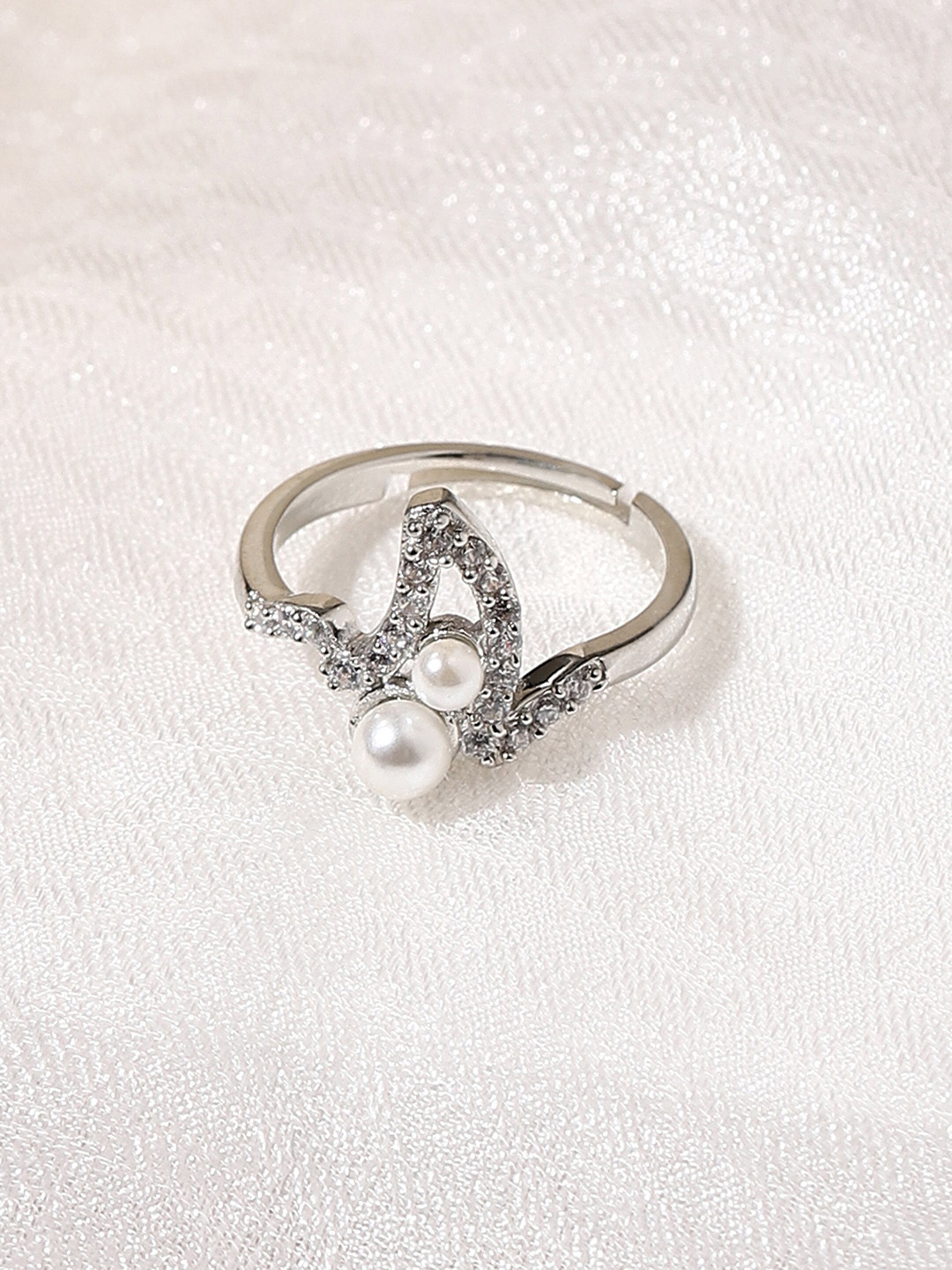 Voylla Silver-Toned & Rhodium-Plated American Diamond CZ Pearl Ring