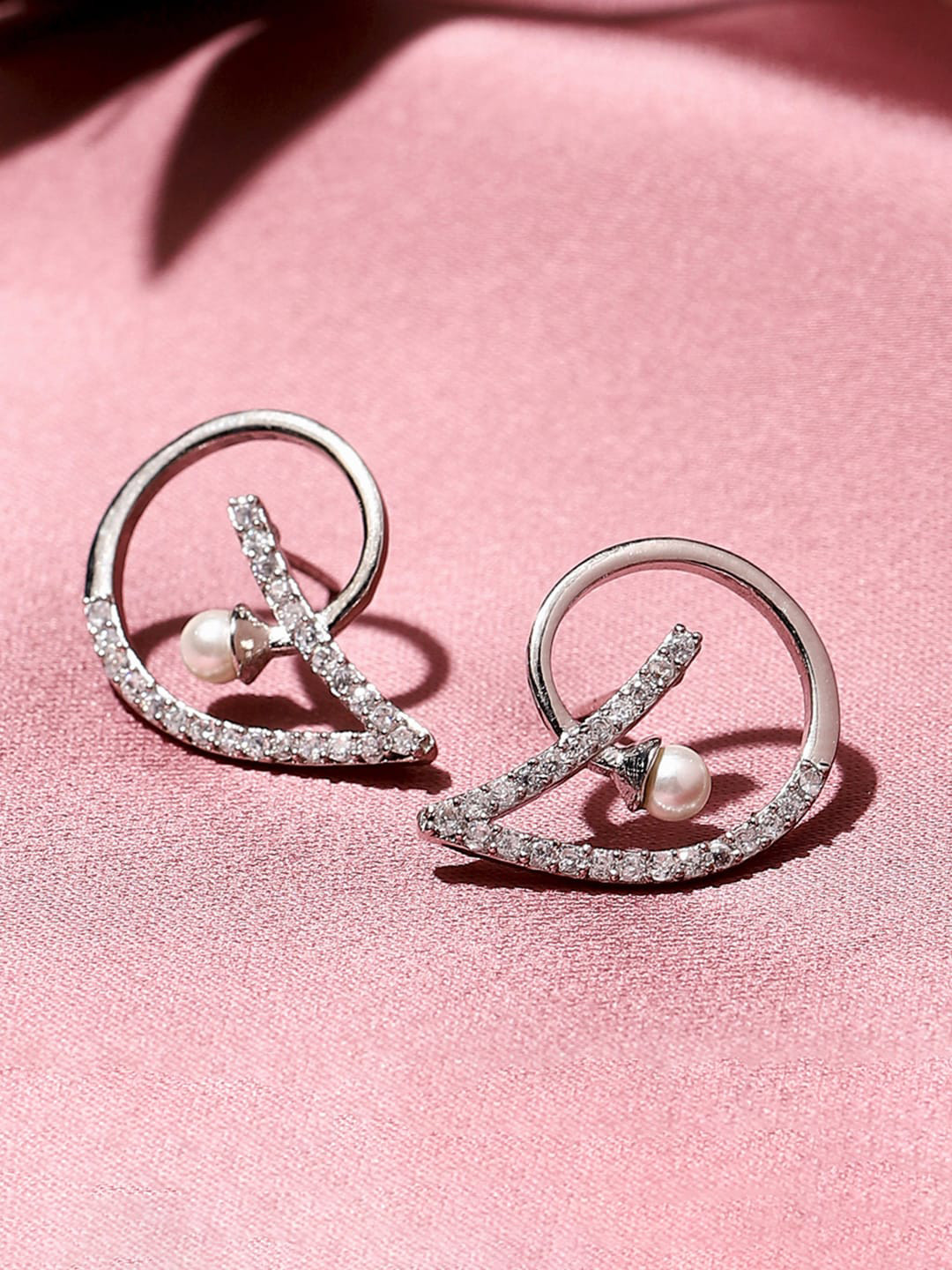 Voylla Women  White Gold Plated American Diamond CZ Geometric Pearl Stud Earrings