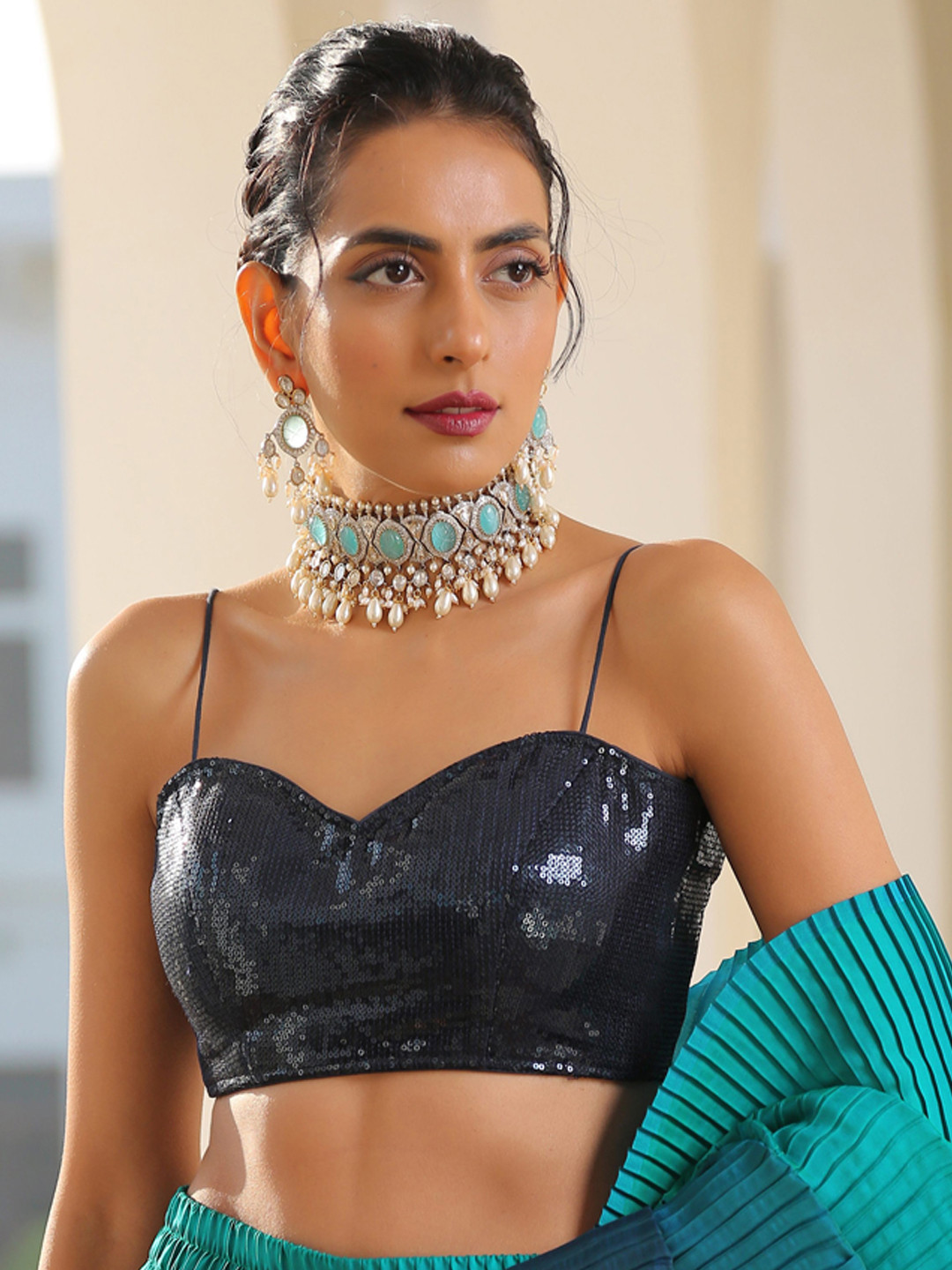 Swtantra Blue Sequin Saree Blouse