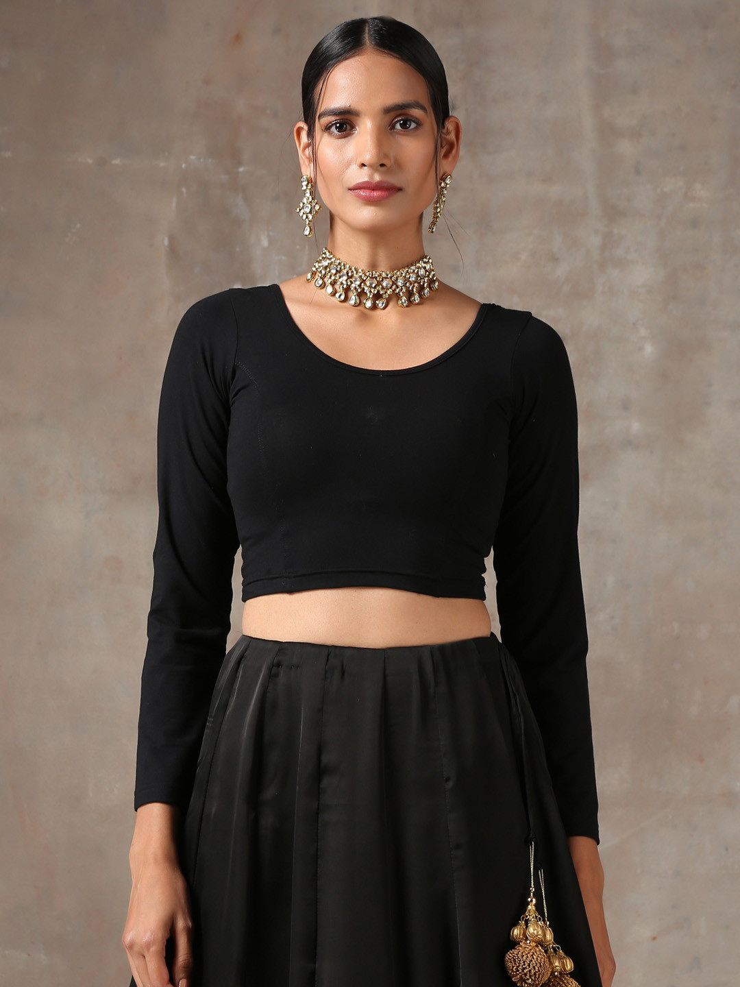 Swtantra Solid Black Solid Stretchy Long Sleeves Blouse