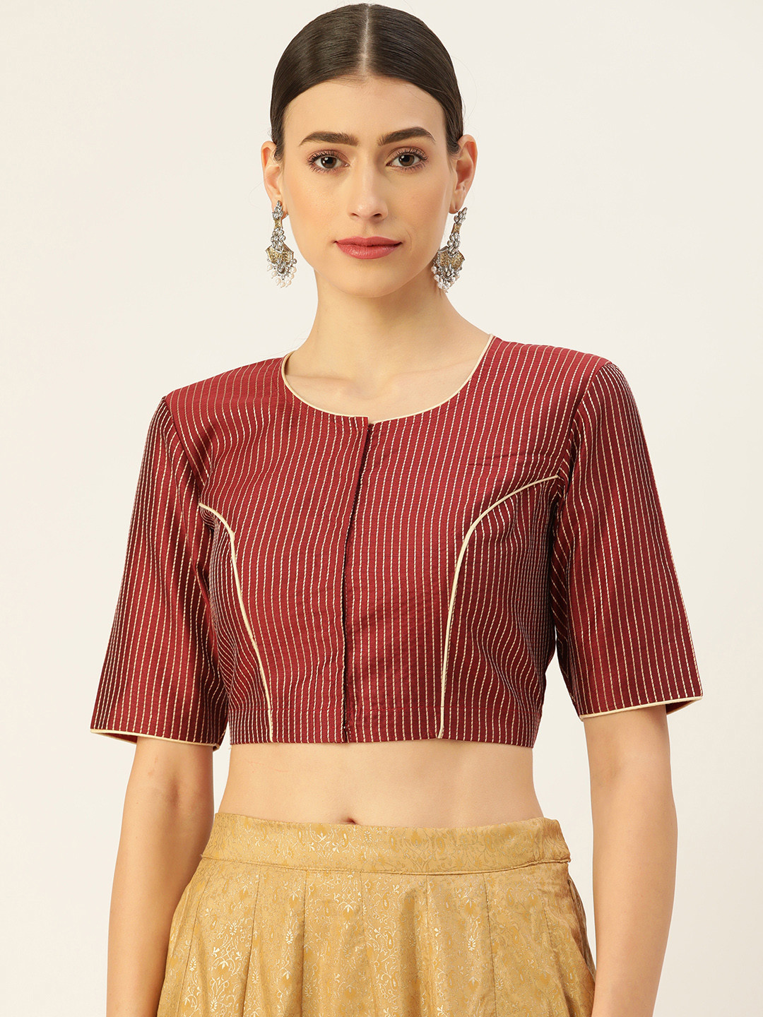 tantkatha Maroon & Beige Striped Saree Blouse